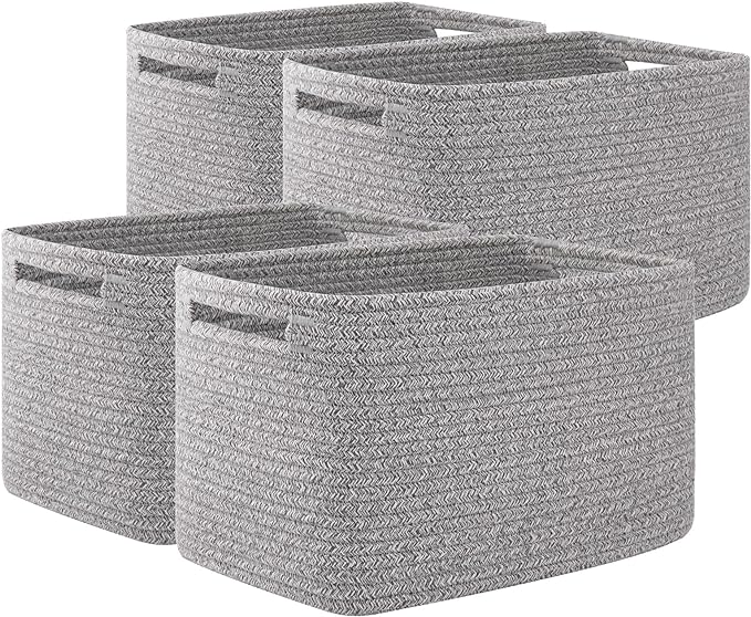 OIAHOMY 4 Pack Storage Baskets for Organizing, Cube Storage Bins for Shelves, Rectangle Storage Baskets With Handles, Woven Baskets for Storage, 12.7''Lx9''Wx7.8''H, Mixed Brown