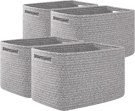 OIAHOMY 4 Pack Storage Baskets for Organizing, Cube Storage Bins for Shelves, Rectangle Storage Baskets With Handles, Woven Baskets for Storage, 12.7Lx9Wx7.8H, Grey
