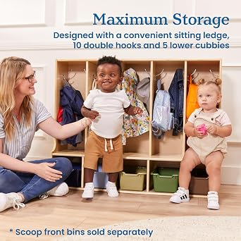 ECR4Kids Streamline 5-Section Toddler Coat Locker with Bench, Classroom Furniture, Natural