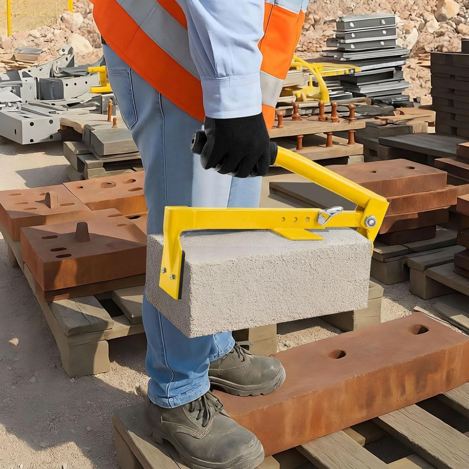 Set di pinze per mattoni resistenti regolabili con manico in gomma e guanti da lavoro, regolabili da 22 a 35 cm, per sollevamento mattoni, trasporto (giallo)