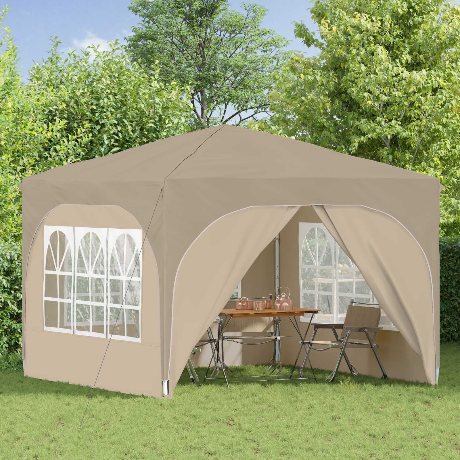 Składany namiot imprezowy 290 x 290 x 245 cm kremowy | Tkanina Oxford 210D, wodoodporna, regulowana wysokość 227-245 cm, stalowa rama, w zestawie torba i liny