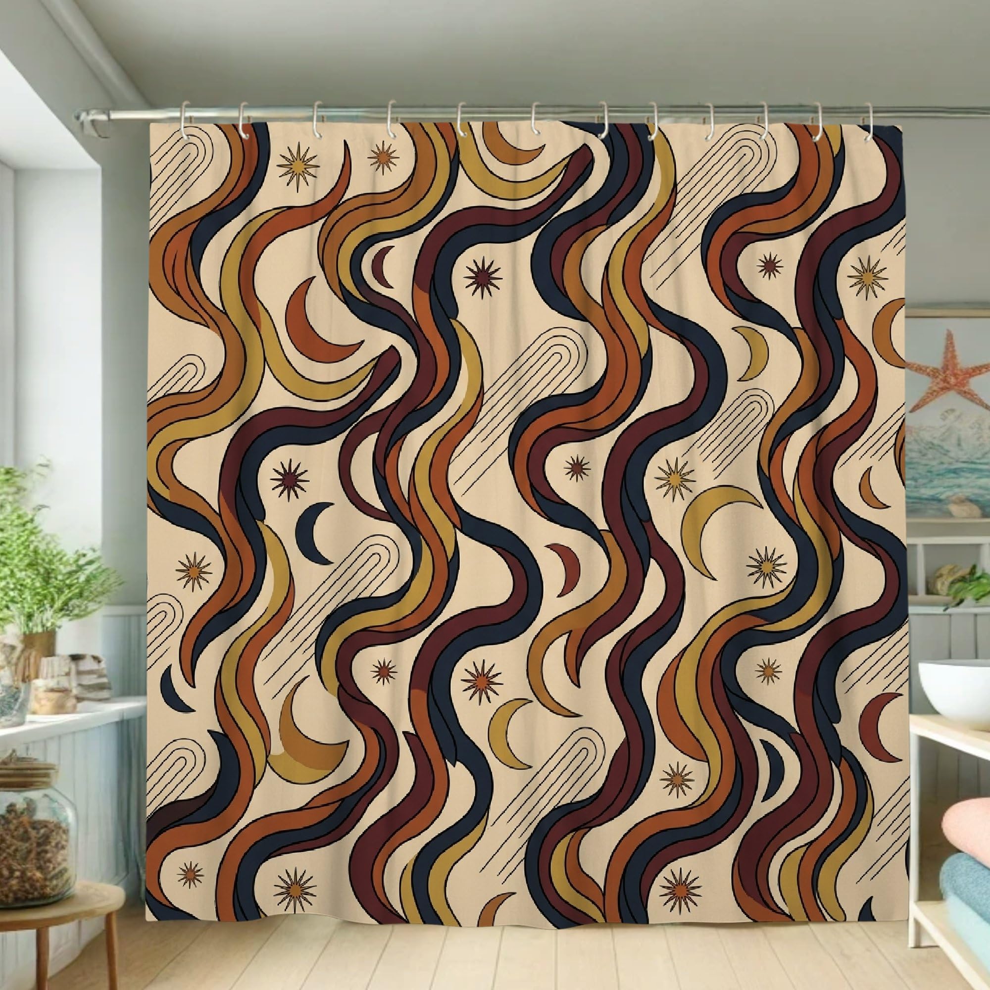 Rideau de douche vagues modernes 183x183 cm en toile imperméable terre cuite