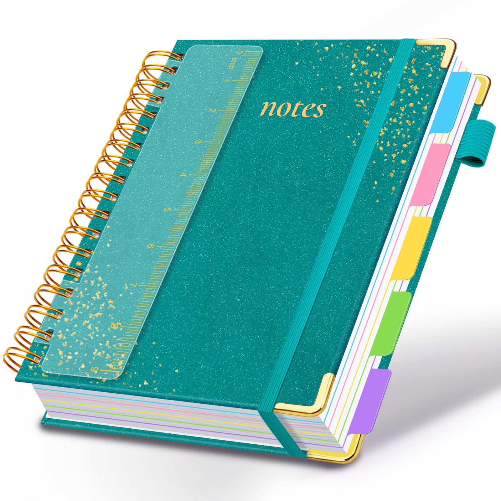 Quaderno a spirale con copertina rigida con linguette e divisori, 20,3 x 25,4 cm, 5 soggetti | Taccuino da 300 pagine, a righe, per lavoro, con spirale luccicante, per donne e ragazze, colore ciano