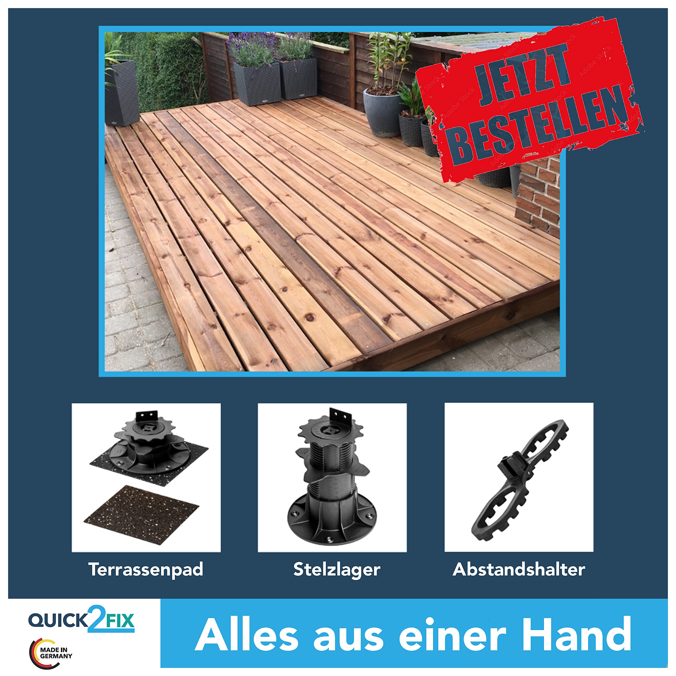 24 Stk. Terrassenpads für Stelzlager (Gummi-Pads 195 x 195 x 6,0 mm) für eine stabile Terrassenkonstruktion – Made in Germany