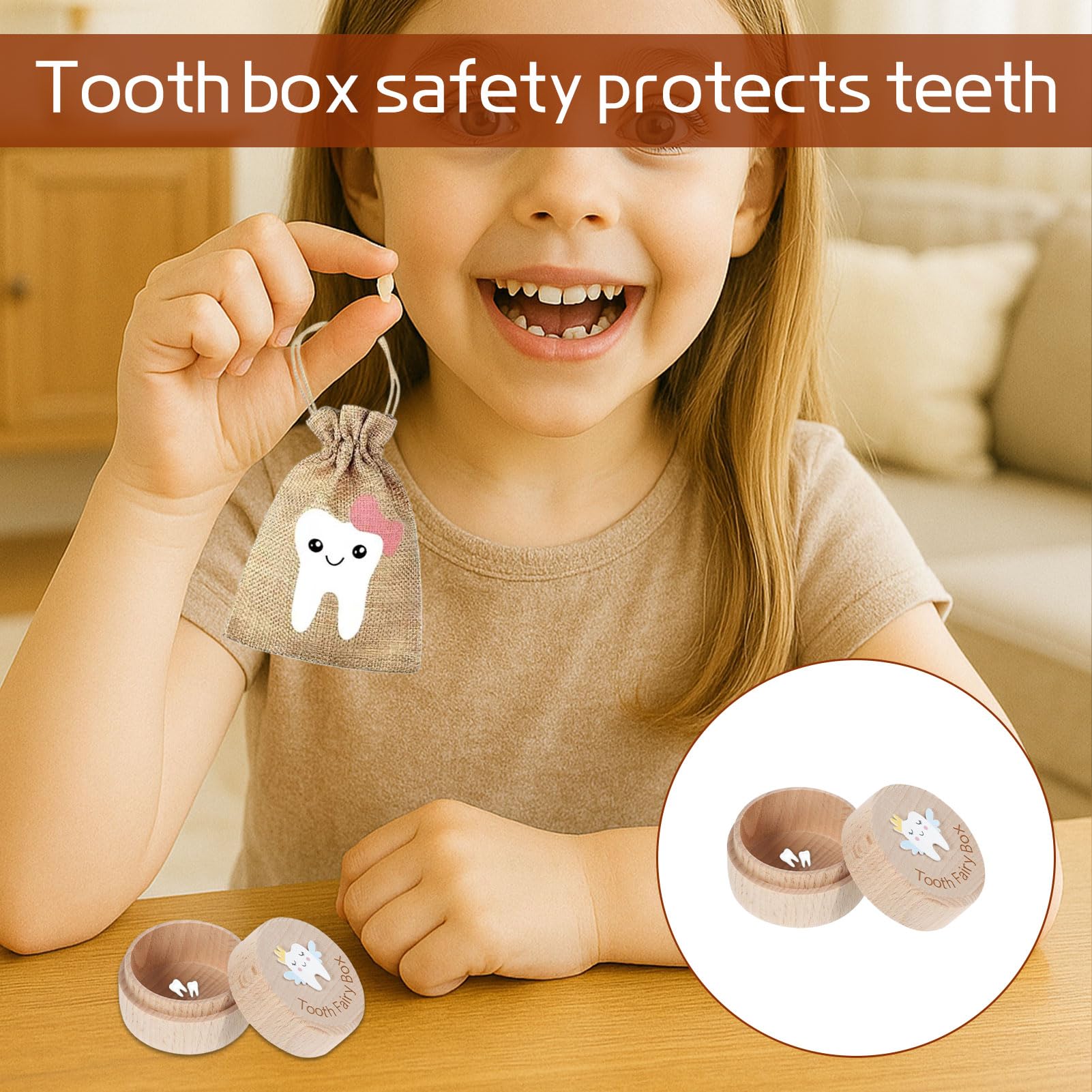 Tooth Fairy Box, 1 pcs Tooth Box with 1 pcs Fairy Bag, 3D Carved Wooden Teeth Keepsake - Image 4