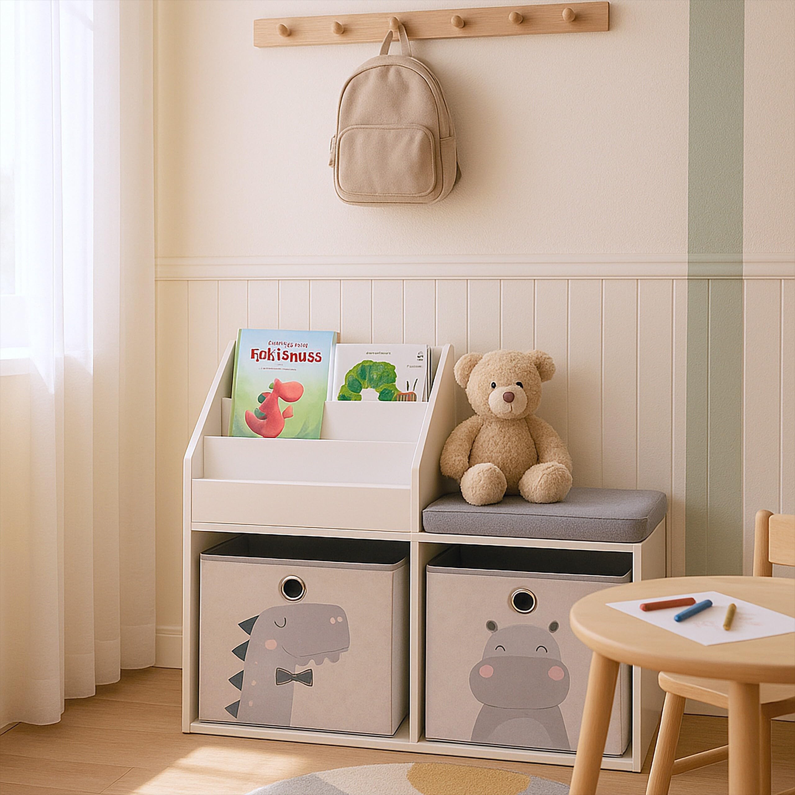 Panca per Bambini Relaxdays con Spazio per riporre, HLP: 72 x 79 x 31 cm, 2 scatole Pieghevoli, libreria, Bianco/Grigio