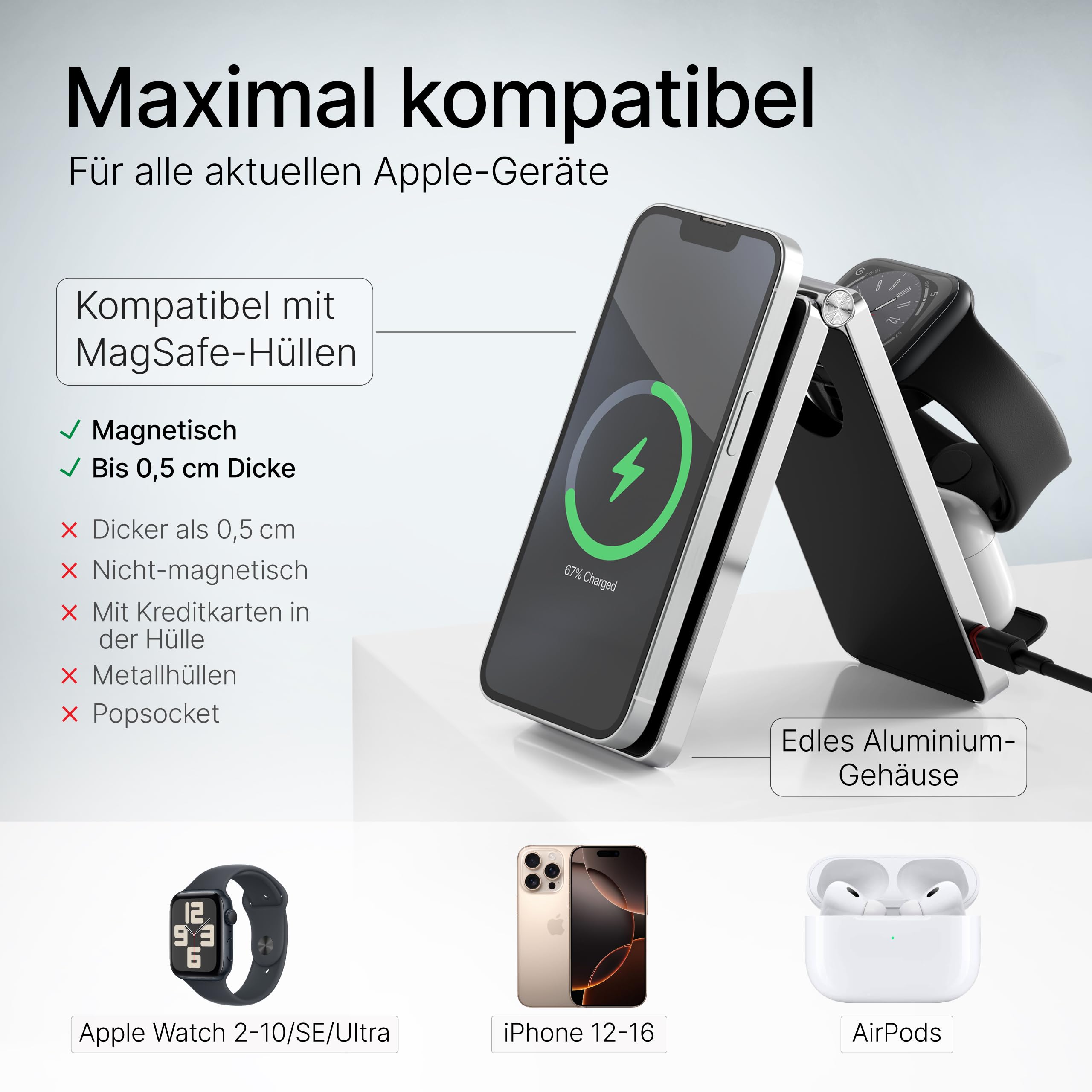 Aluminium MagSafe Ladestation Apple Watch und iPhone kompatibel – MagSafe Ladegerät, iPhone Ladestation, Apple Ladestation, inkl. 20W Adapter & USB-C-Kabe