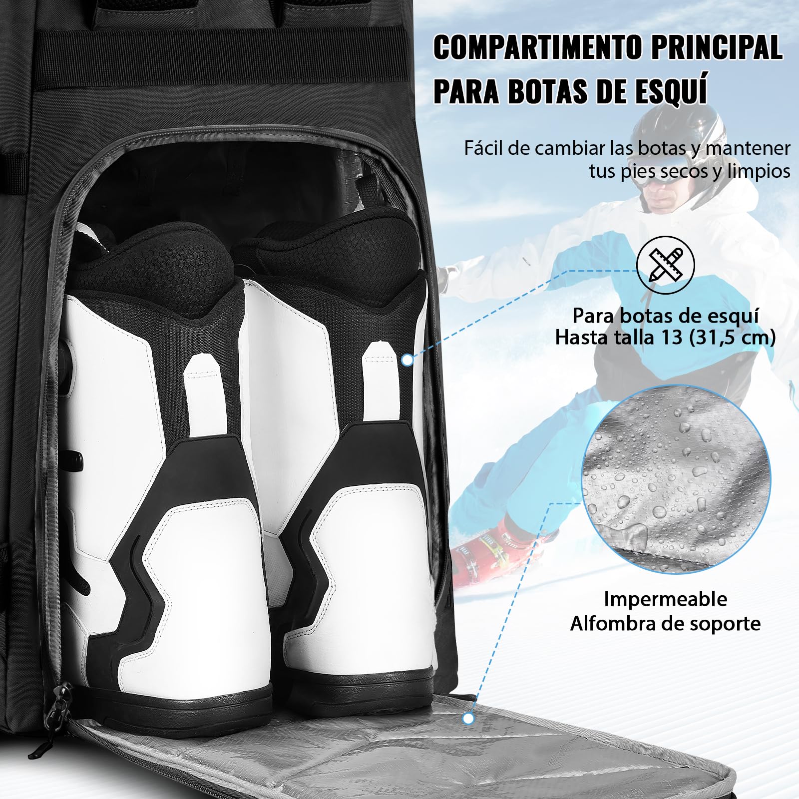 YOREPEK Mochila Bolsa Botas Esqui 65L Impermeable Casco Snowboard Negro