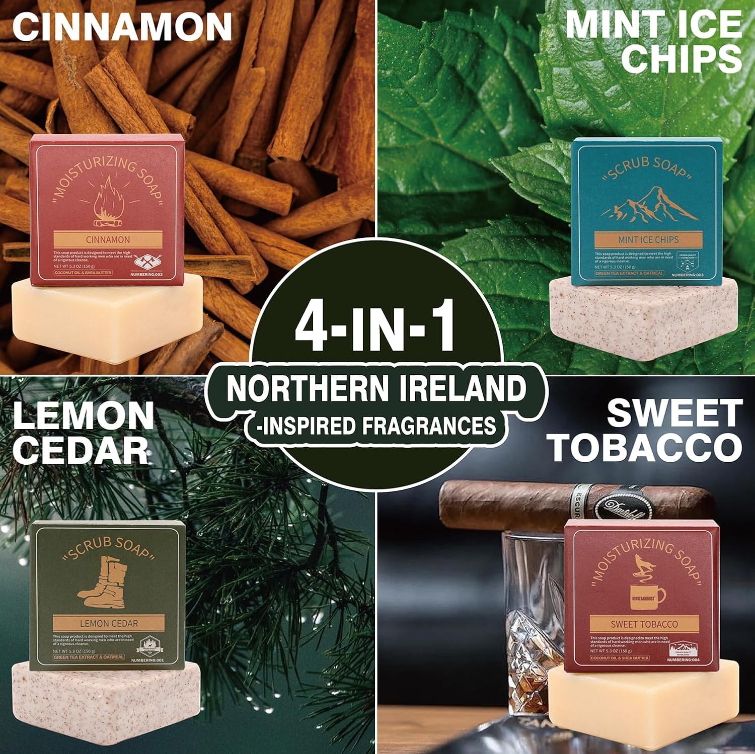 Rinse & Robust Mens Bar Soap Cleansing Bar Moisturizing & Exfoliating Scrub Soap Gift Set for Men | 4 in 1 Face Body Hand Beard Wash | Cinnamon, Lemon Cedar, Mint Ice Chips, Tobacco | 5.3 oz of 4 Bars - Image 5