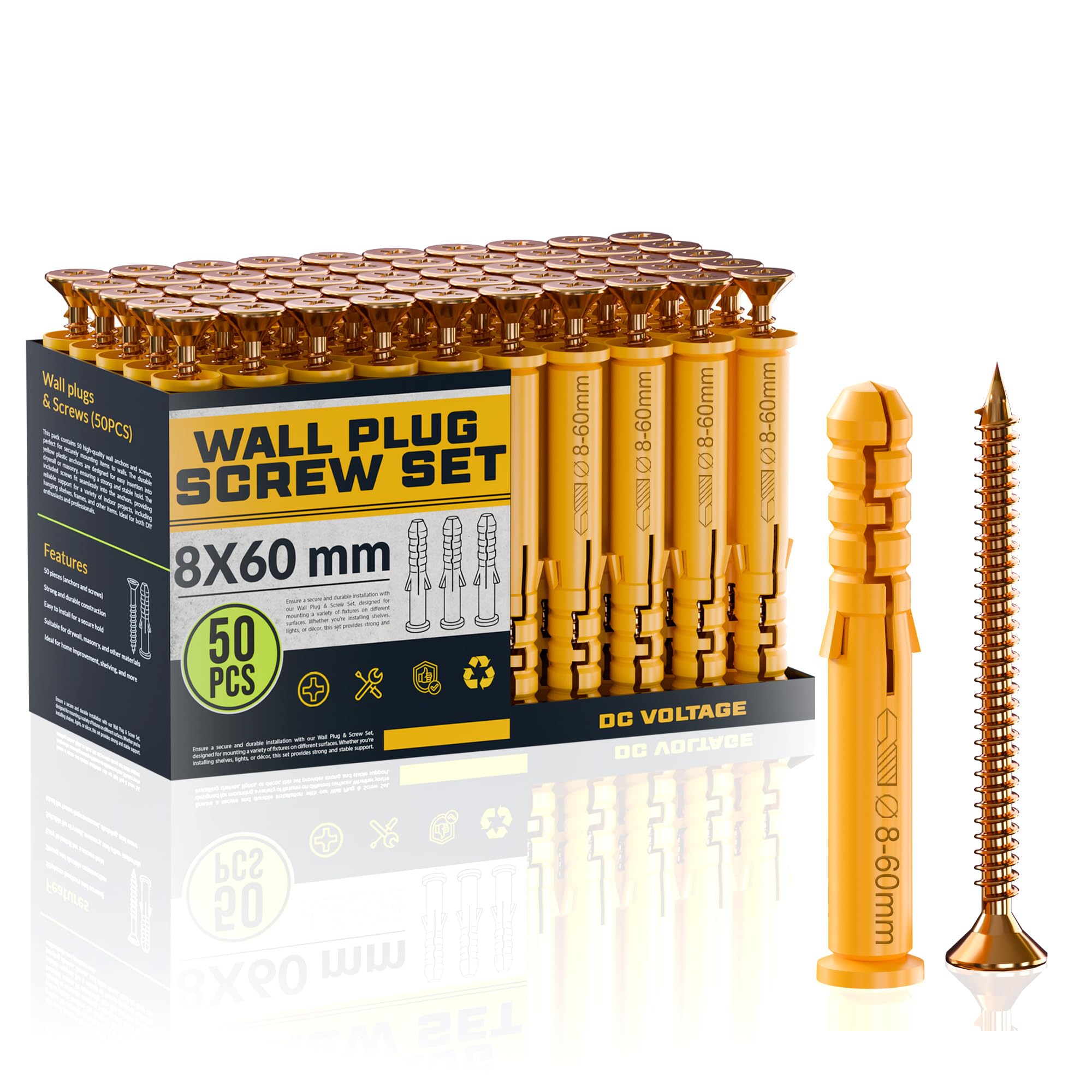 DC VOLTAGE 50 Pcs Wall Plugs and Screws Set 8mm x 60mm Concrete Fixings Screws and Wall Expansion Anchors Plugs Kit Wall Hanging Mounting TV Mount Drywall Self Tapping Screw Wall Plug