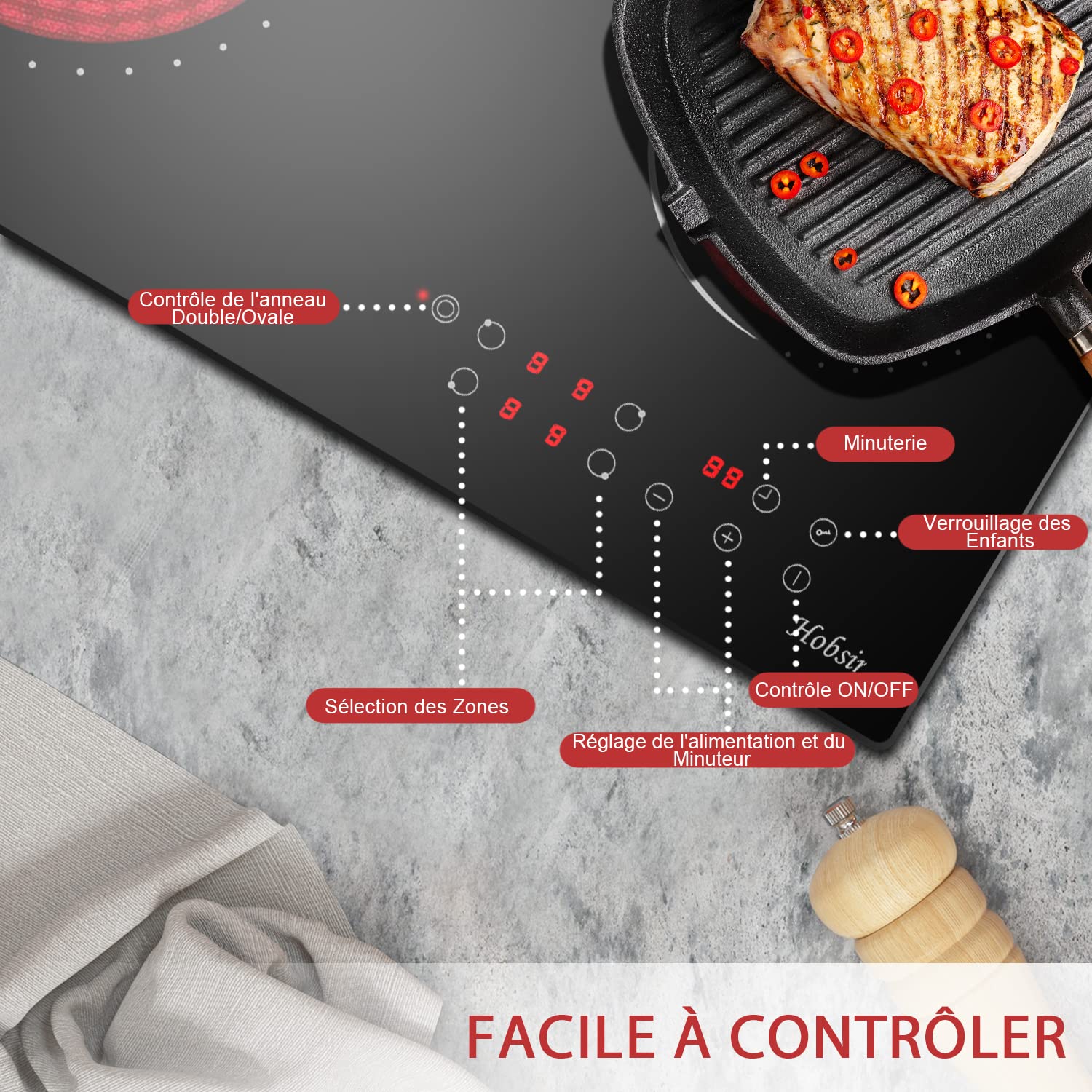 Hobsir Plaque Vitrocéramique 4 Feux, Plaque Cuisson électrique Encastrable 60cm, 6600W, Table de Cuisson avec Zones Ovale et Double Flexibles, Contrôle Tactile, Minuterie, Sans Prise, 240V