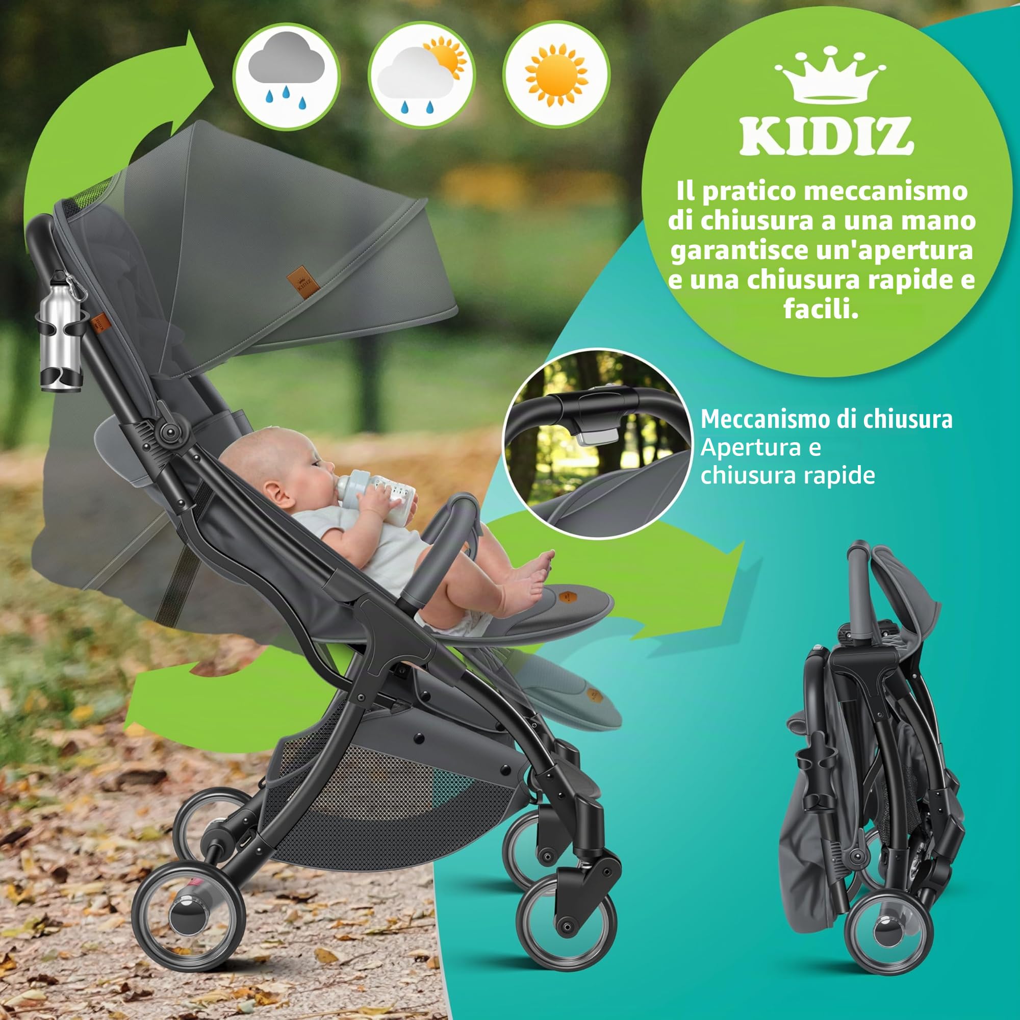 KIDIZ® Premium Passeggino Pieghevole con Ruote 360°, Imbracatura 5 Punti, Portabibite, Parapioggia, Schienale Regolabile, Capottina Parasole, Antracite