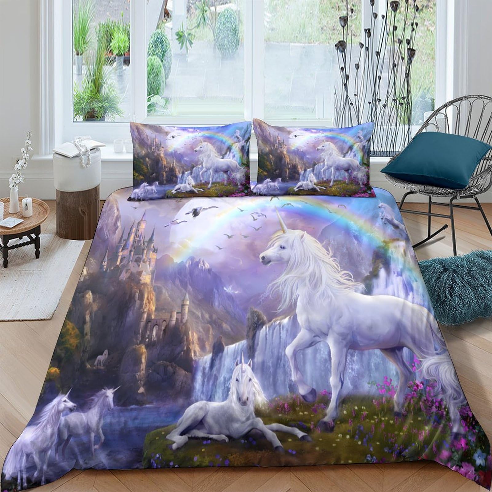Ctjqhvkz Style-8 3D Printed Fantasy Unicorn Fitted Sheet Microfiber Soft Pastel Rainbow Bed Cover Anti-Slip Machine Washable For Bedroom Decor Single（135X200cm）