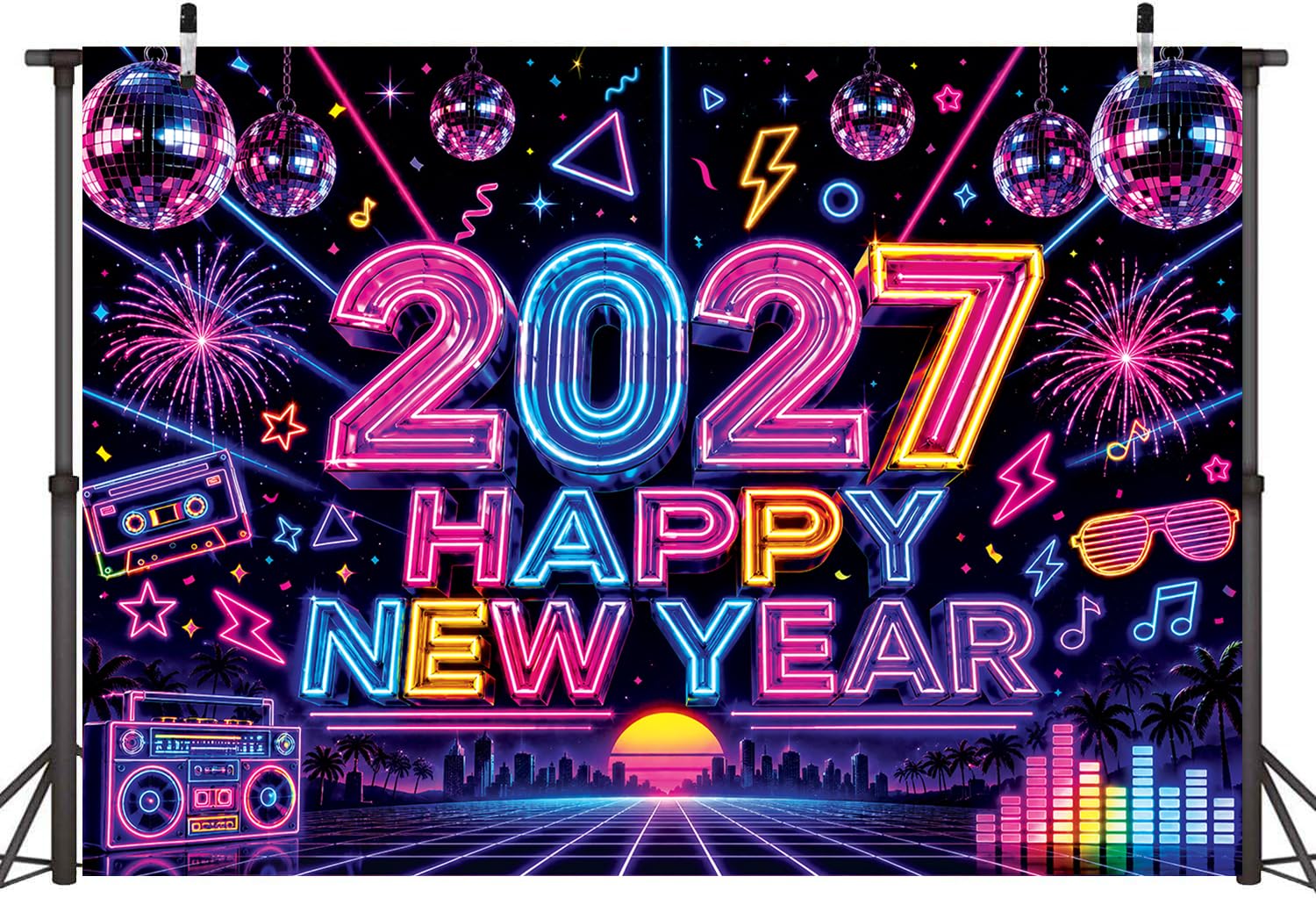Neon 2027 Felice Anno Nuovo Fondale 20 x 1,8 m Retro 80s 90s Disco Ball NYE sfondo