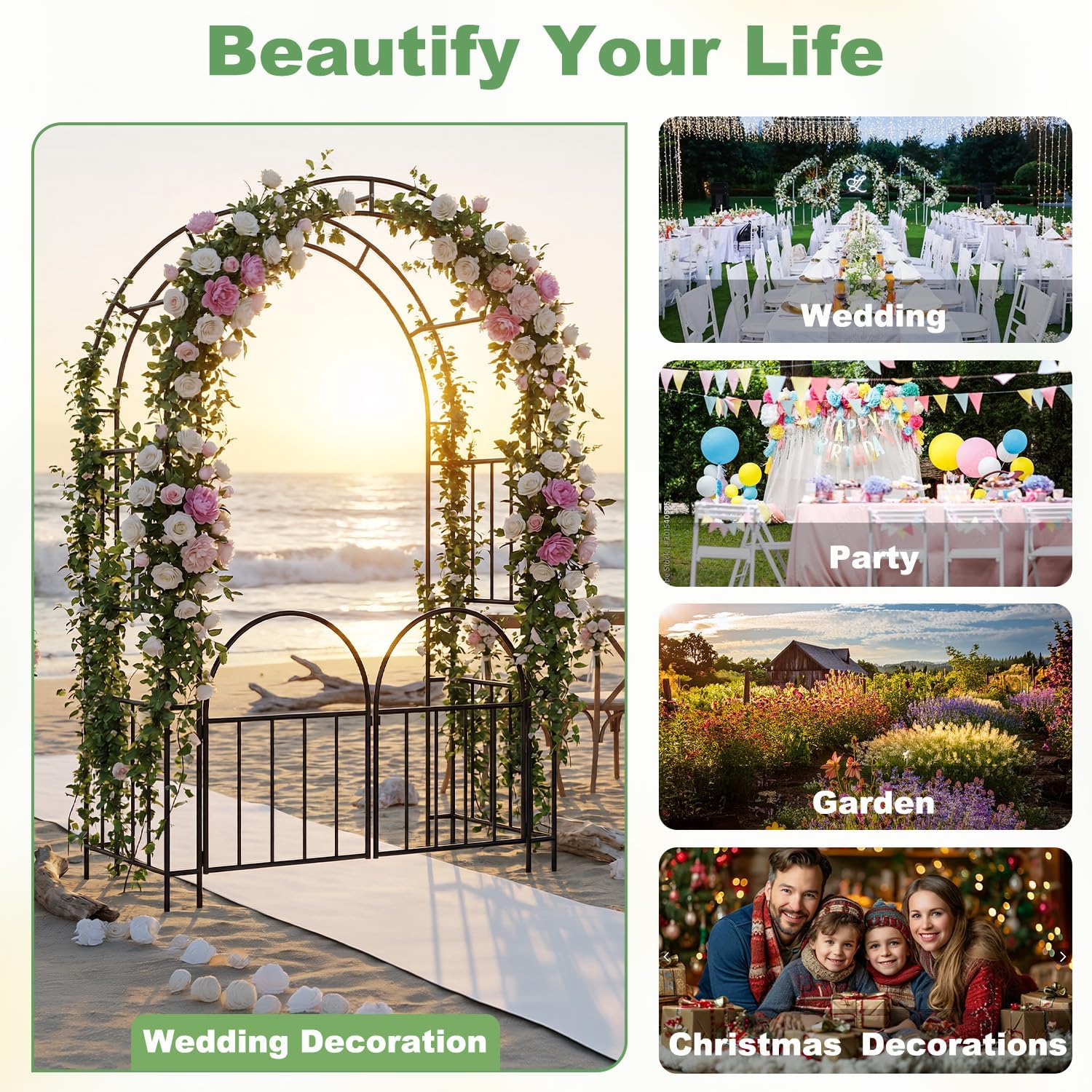 7ft Garden Arbor - Metal Garden Arch Trellis for Climbing Plants, Wide Sturdy Trellis Outdoor, Garden Arbor with Gate, Ideal for Weddings, Halloween, Christmas & Outdoor Decorations