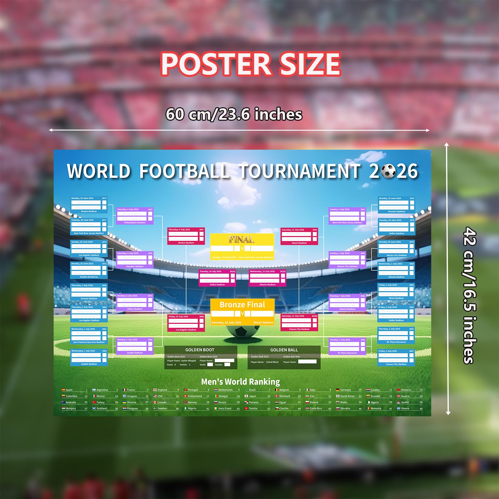 Tabellone da parete Mondiali calcio 2026 poster programma A2 60x42cm 23.6x16.5 pollici decorazioni feste regali