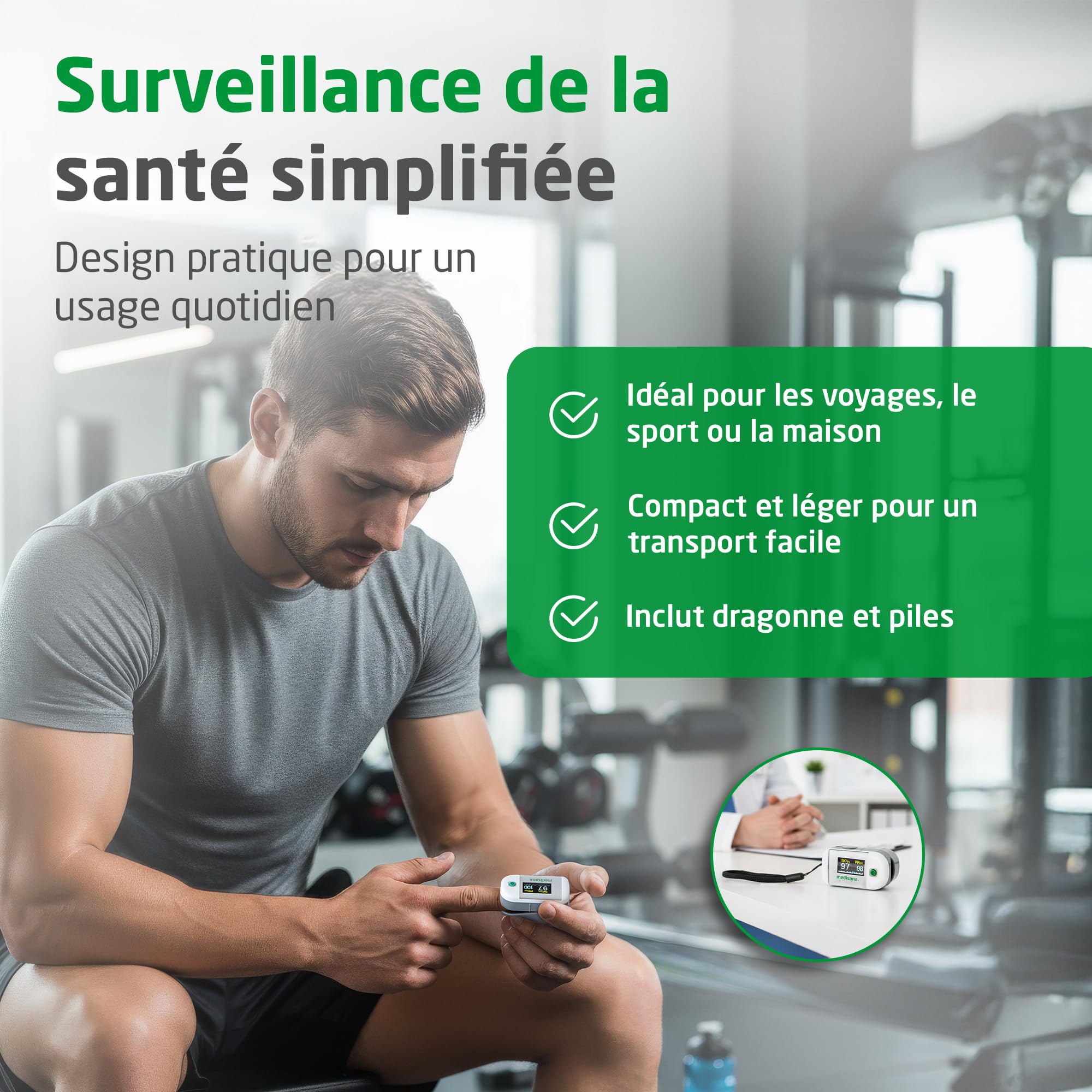 medisana PM 100, oxymètre de pouls, mesure de la saturation en oxygène du sang, oxymètre de pouls au doigt avec affichage OLED et commande à une touche
