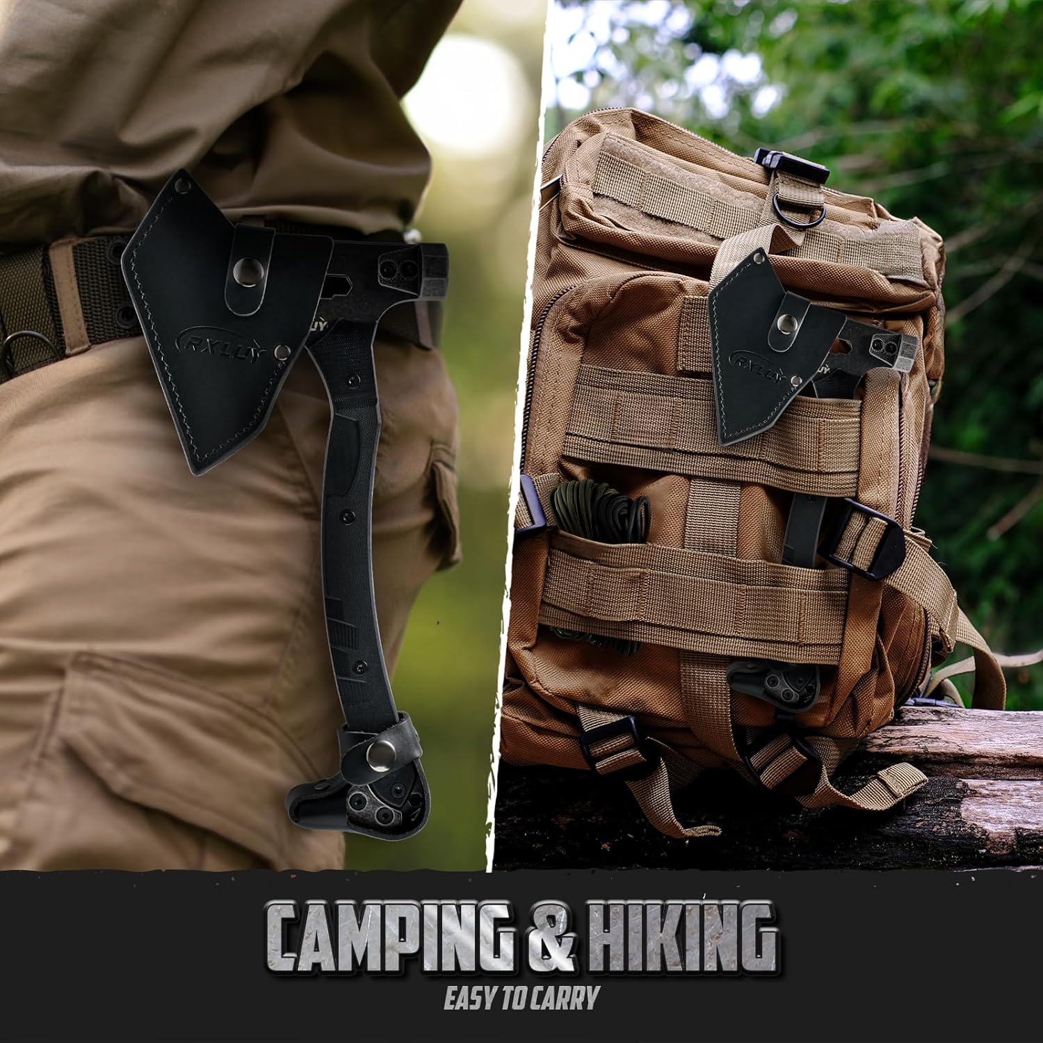 Tactical Axe with G10 Handle Camping Survival Hatchet, Multifunctional Outdoor Hiking Heavy Duty Full Tang Tomahawk Tools with Hammer, Unique Design Crowbar, Leather Sheath (Black)