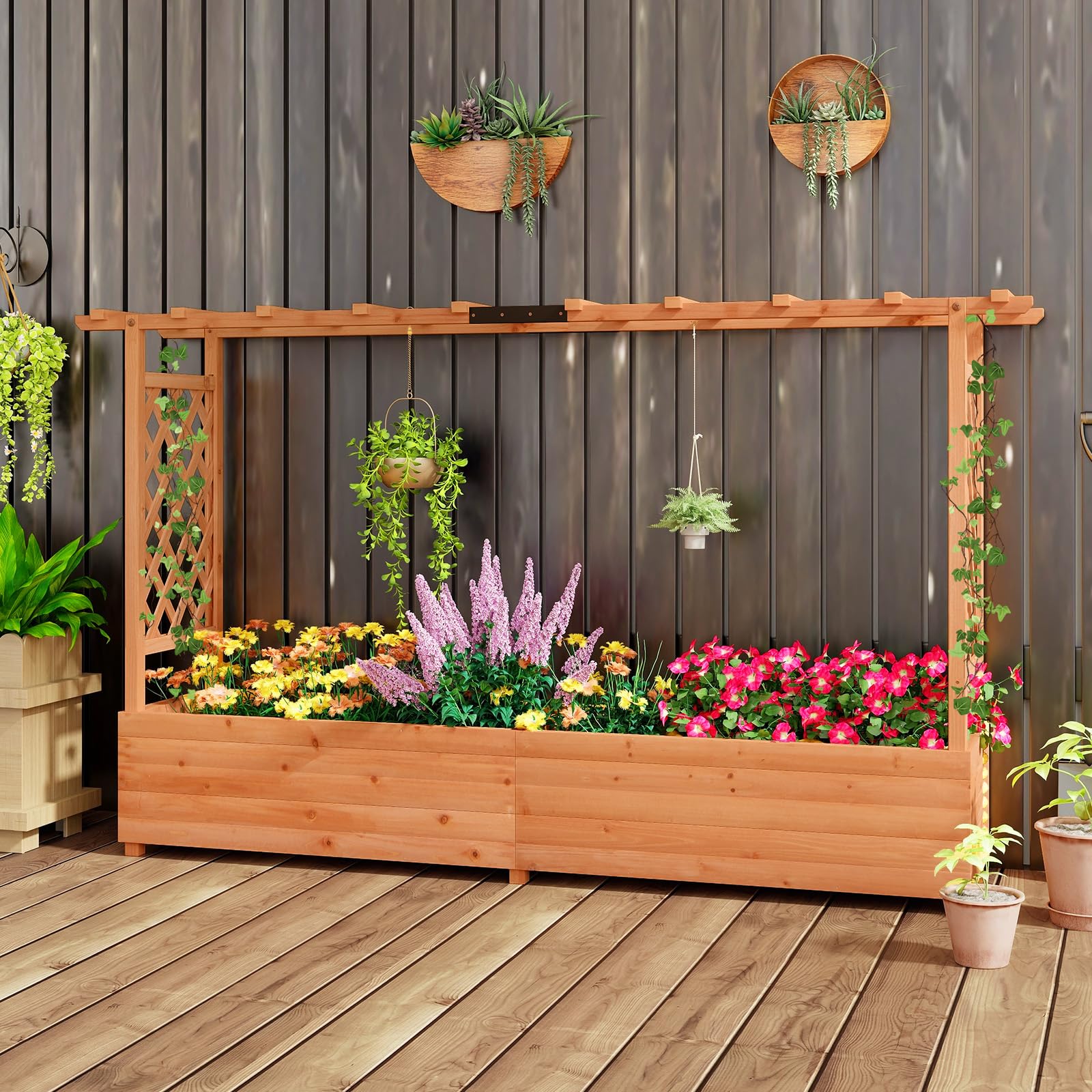 RELAX4LIFE Jardinière Surélevée avec Treillis Latéral & Supérieur, Jardinière sur Pied avec Treillis&Trous de Drainage, Conteneur de Plantes Vertical Pourvignes Grimpantes (200x44x114CM)