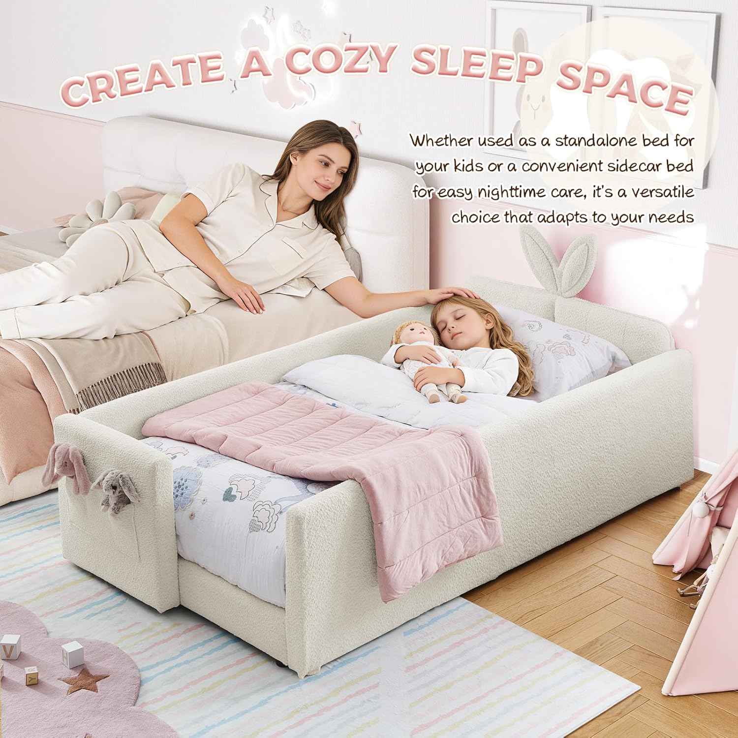 Twin Size Bed Frame for Kids, Upholstered Daybed Frame Floor Bed with Safety Rails and Storage Pocket Cute Rabbit Ear Shaped Headboard for Kids Teens Boys Girls, Beige