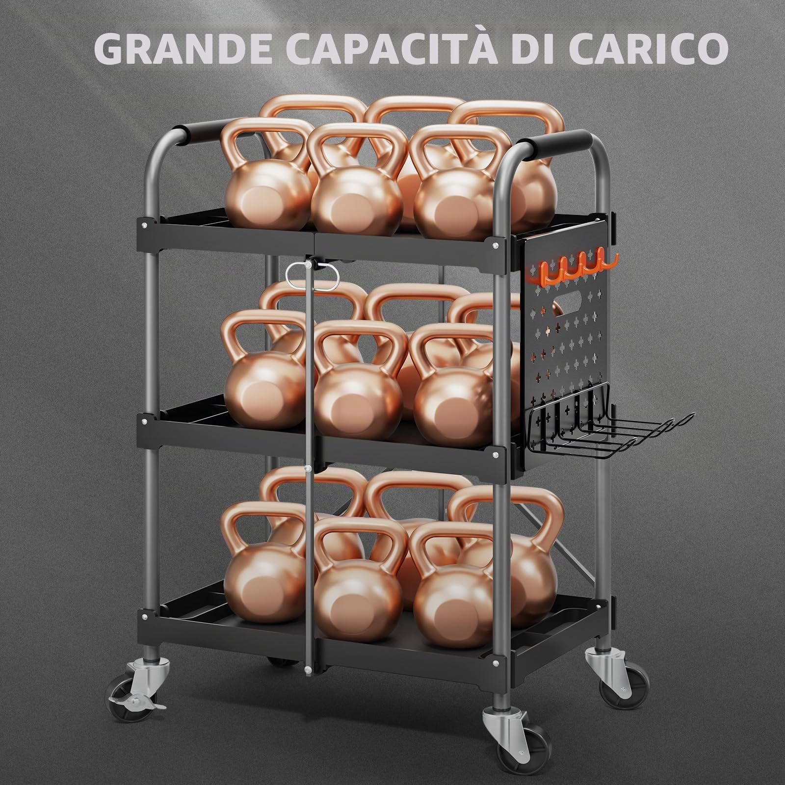 KINGRACK Carrello di Servizio Pieghevole a 3 Ripiani con Ruote e Maniglia Ergonomica, Carrello Portautensili Multiuso, Carrello Porta Attrezzi, Carrello Portaoggetti Casa Ufficio Garage Officina, Nero