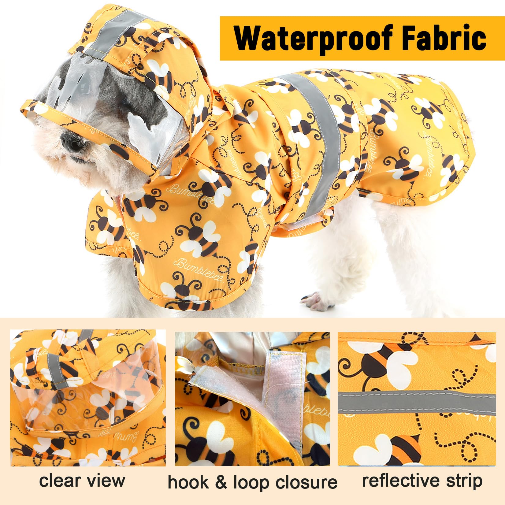 Zunea Waterproof Dog Raincoat with Hood for Small Dogs Lightweight Reflective Puppy Raincoats with Leash Hole Pet Dogs Rain Jacket Poncho Slicker Funny Bees Pattern Costumes Rainwear Clothes Orange M - Image 2