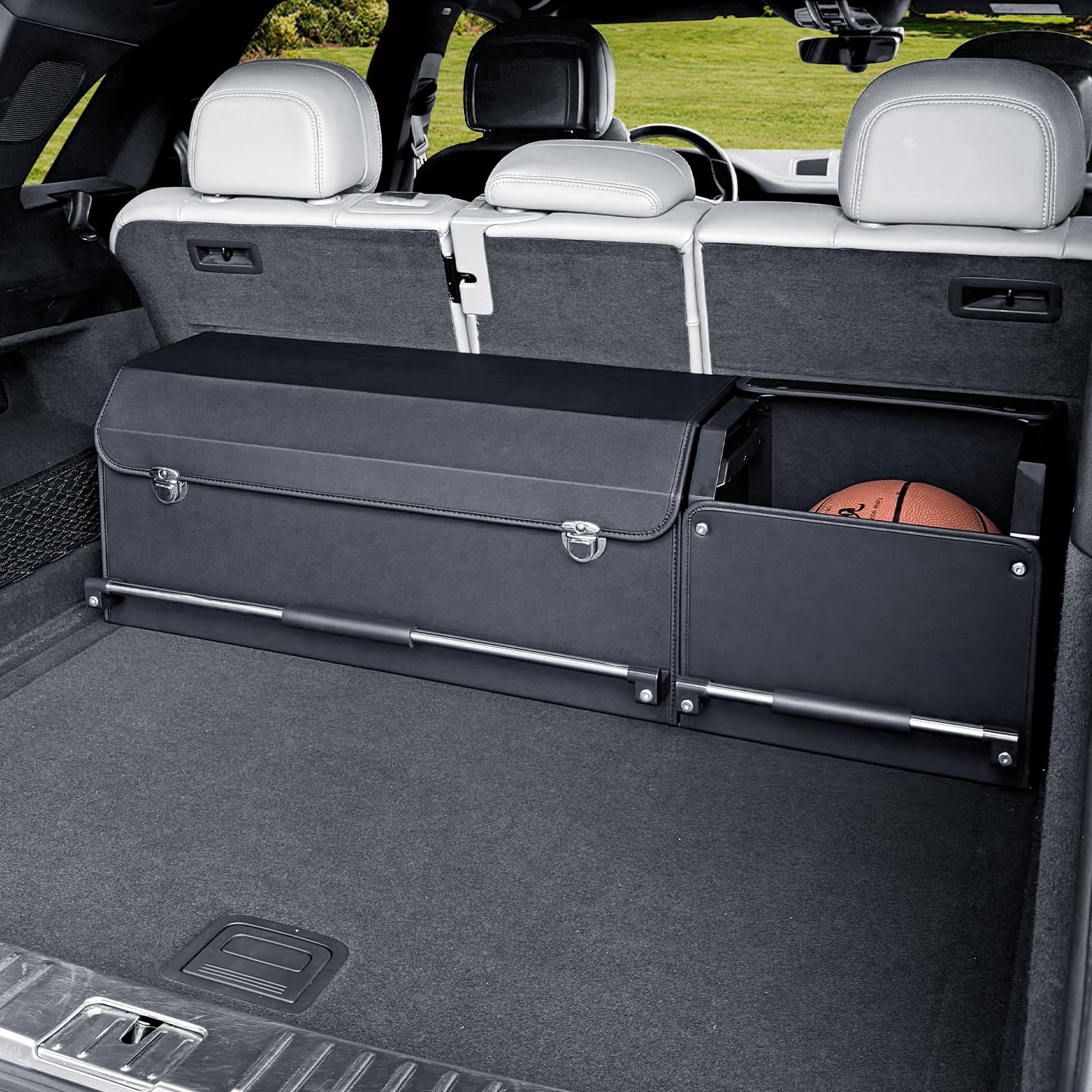 Organizador para Maletero de Coche con Tapa | Caja de Almacenamiento Modular 2 en 1 (con Subcajas) | Tamaño XXL | Asa Estable y Cuero Resistente | Marco ABS (Negro, 104x29x31cm)