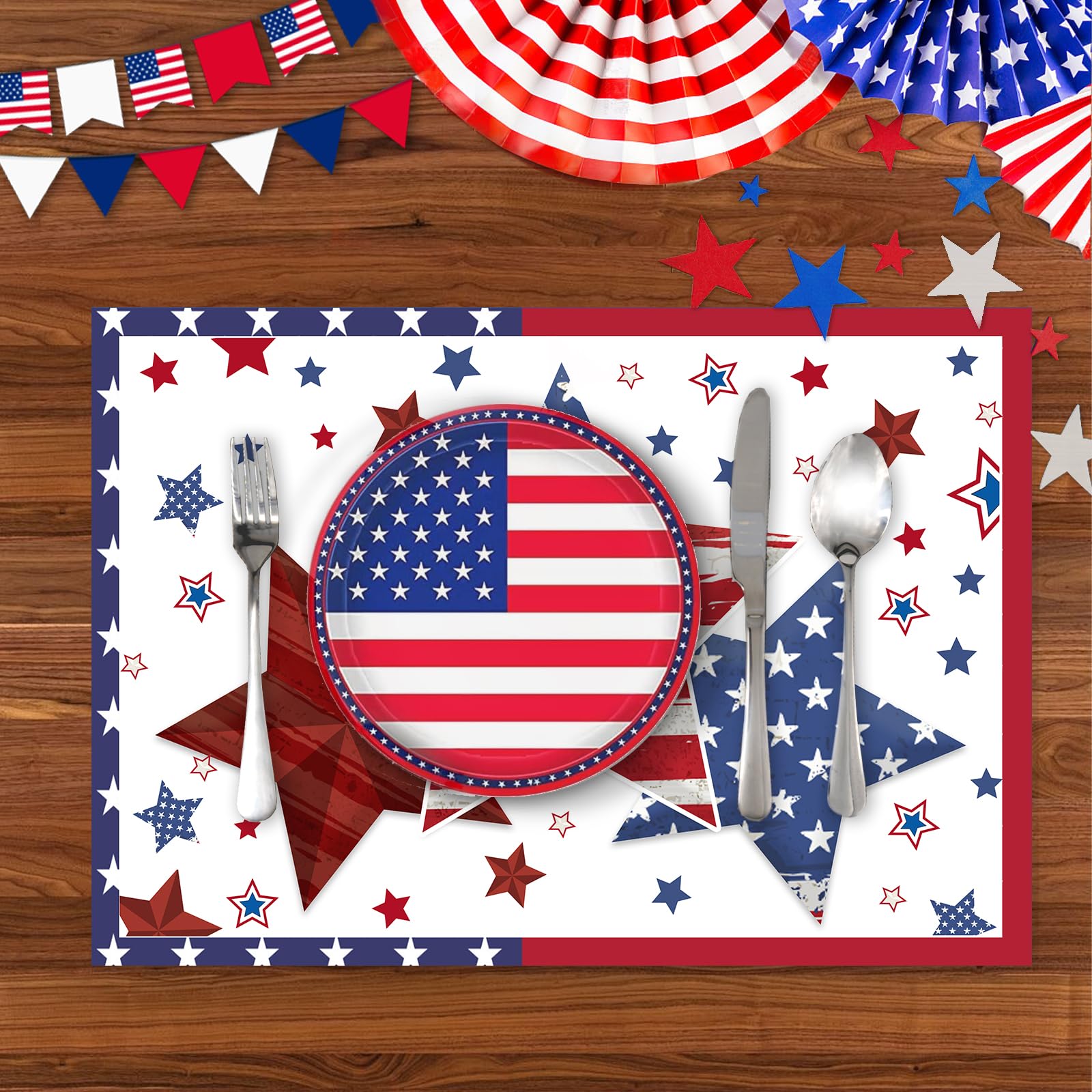 50 manteles individuales de papel desechables para el 4 de julio, Día de los Caídos, 11 x 16 pulgadas, diseño patriótico de estrellas de la libertad, para vacaciones, interiores y exteriores,