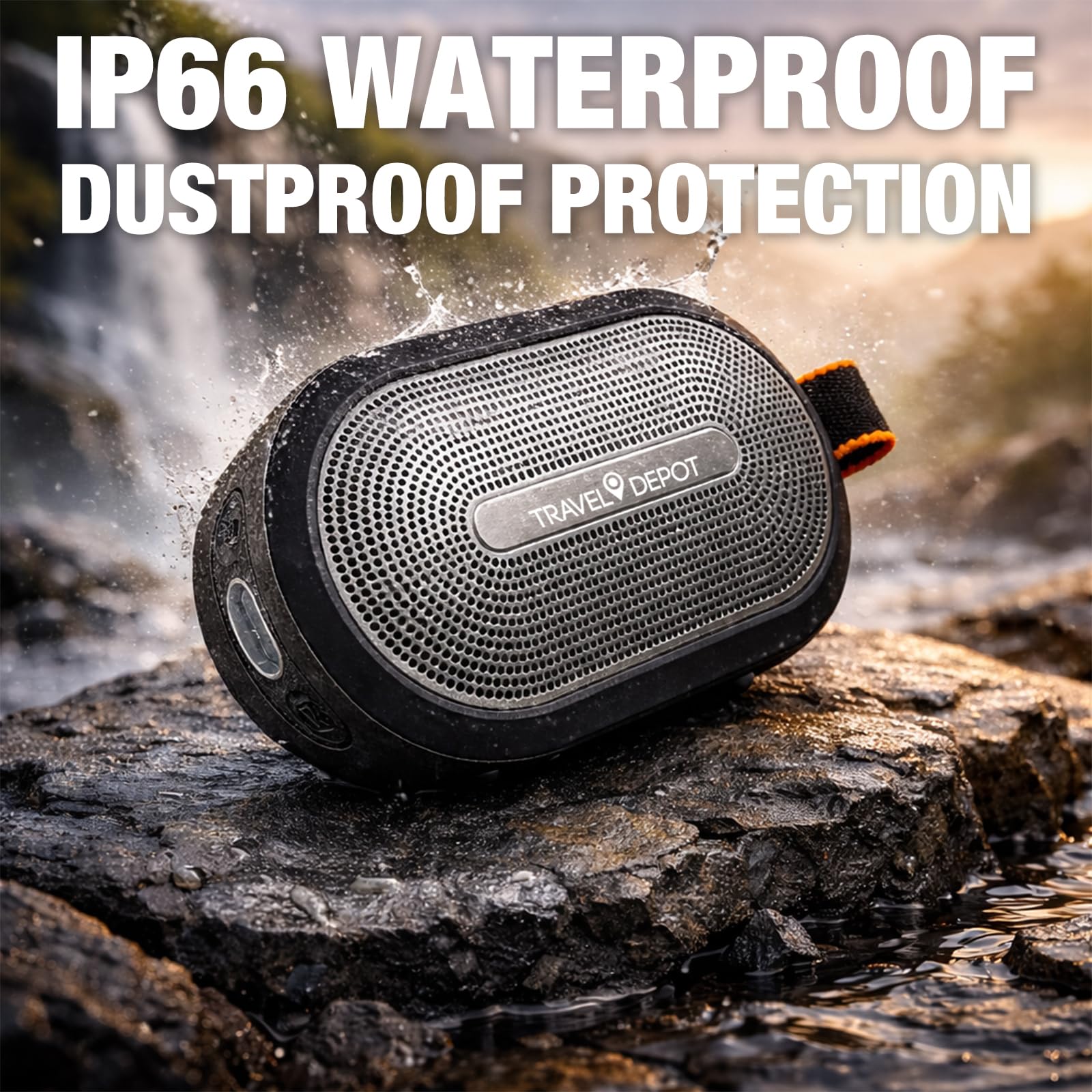 Travel Depot Enceinte Bluetooth avec son HD, base magnétique portable, sans fil, étanche IP66, jusqu'à 18 heures de lecture, jumelage TWS, BT5.3, pour la maison/fête/extérieur/plage, gadgets