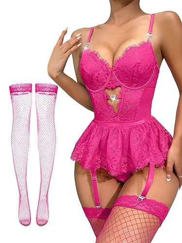 Lilosy Sexy Stocking Heart Rhinestones Underwire Babydoll Lace Mesh Garter - Regular - Medium - Hot Pink