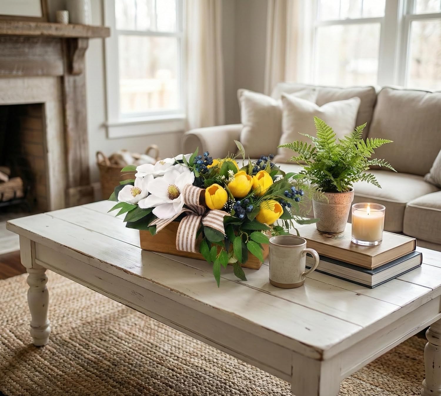 Spring Easter Flowers Centerpiece for Table, 20" L Lifelike Artificial Magnolia Tulip in Rectangular Wood Box, Lush Spring Faux Floral Arrangement Farmhouse Mantel Shelf Kitchen Island Decor