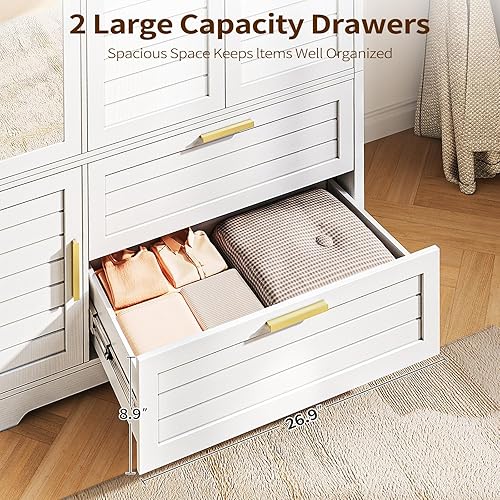 Miniatura 4 de Armario Armario con espejo – Armario de almacenamiento de ropa de madera de 71 pulgadas, Armario con puertas y 2 cajones, Armarios independientes