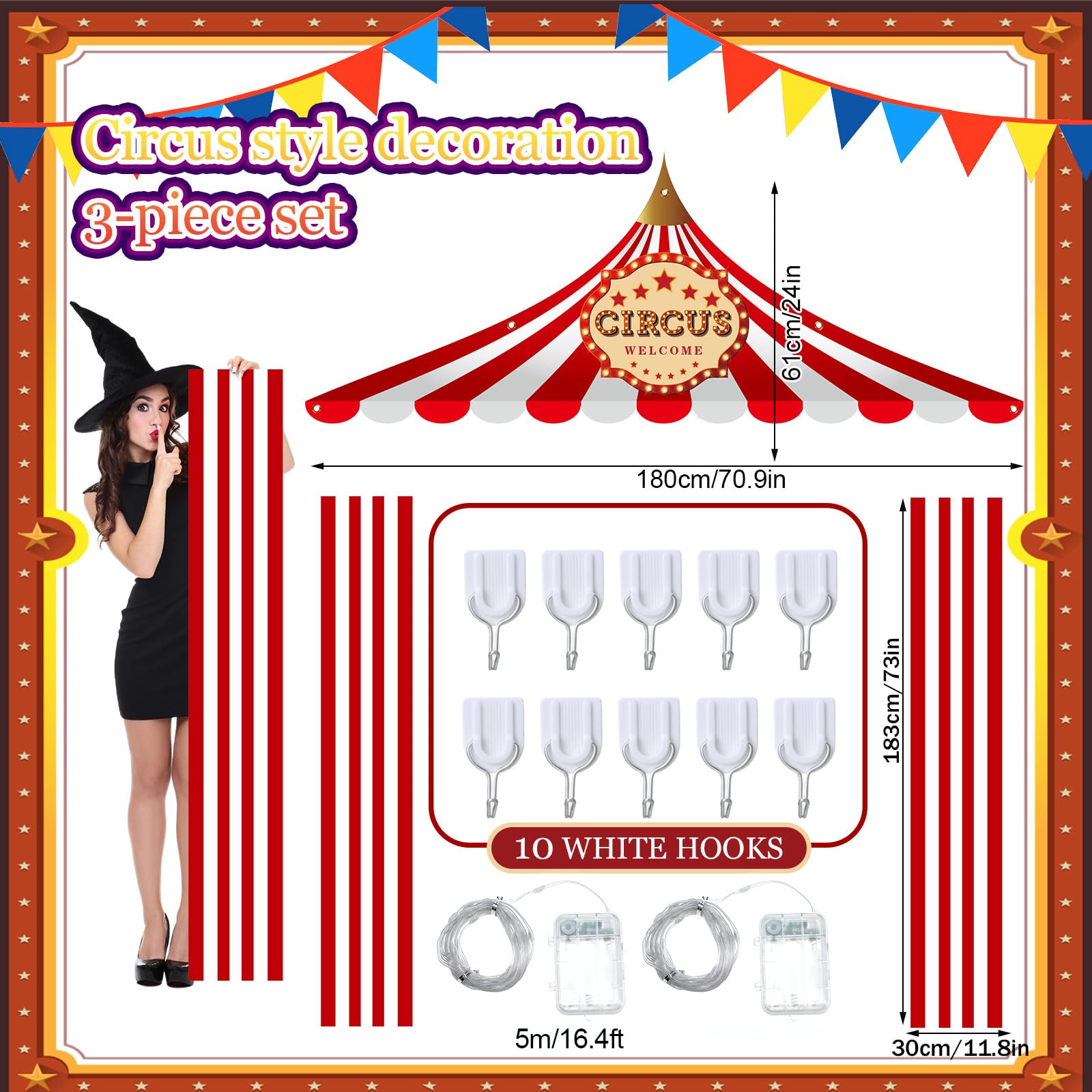 Preboun 7 piezas de decoración de tienda de circo, decoraciones de fiesta de carnaval, decoraciones de circo con cadena de luz, decoraciones de carnaval, pancarta de rayas rojas y blancas para fiestas