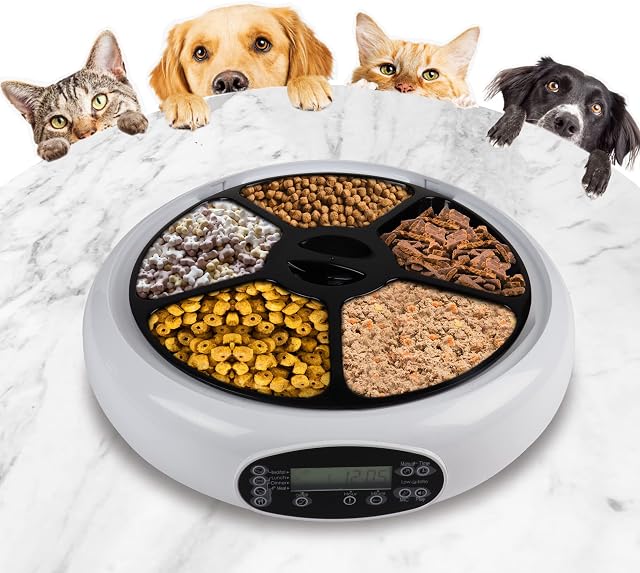 Lentek 5 Meal Automatic Cat Feeder, Dish with Voice Message, Wet or Dry Pet Food Dispenser with Recorder, Speaker and Digital Timer for Dogs, Cats, Rabbits, and Other Pets (White)
