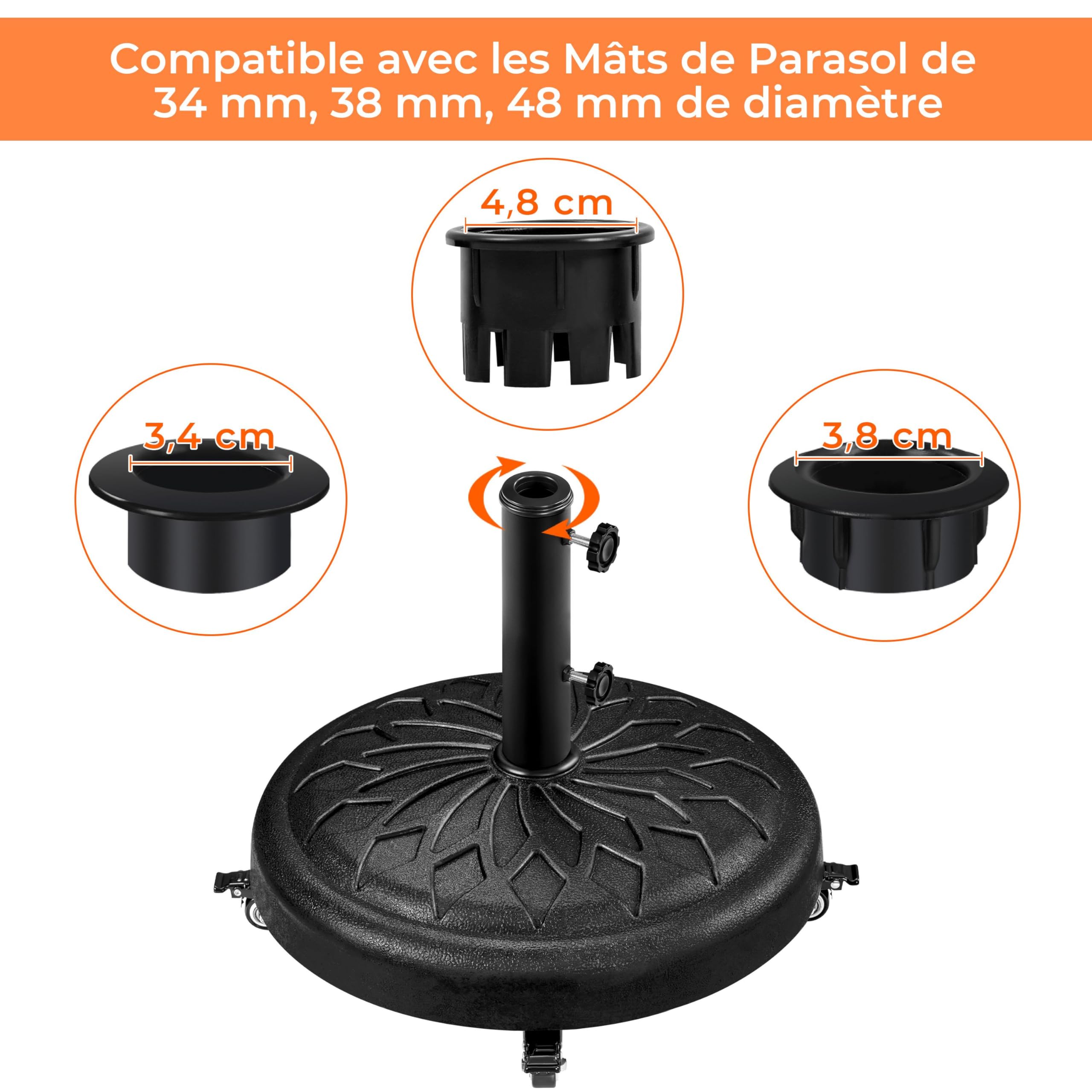 Abician Pied de Parasol Rond à roulettes 24,72 kg，Base de Parasol Standard en Résine pour Mât de Ø 34mm/38mm/48mm du Parasol, Patio Jardin Extérieur Marché Noir
