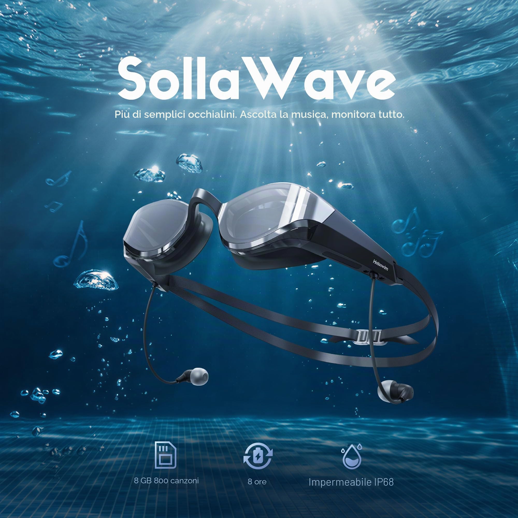 SollaWave AI Music Smart Occhialini da nuoto con cuffie da nuoto integrate, feedback vocale in tempo reale + lettore MP3, sensore di movimento a 9 assi, cuffie impermeabili IP68 per il nuoto, app e