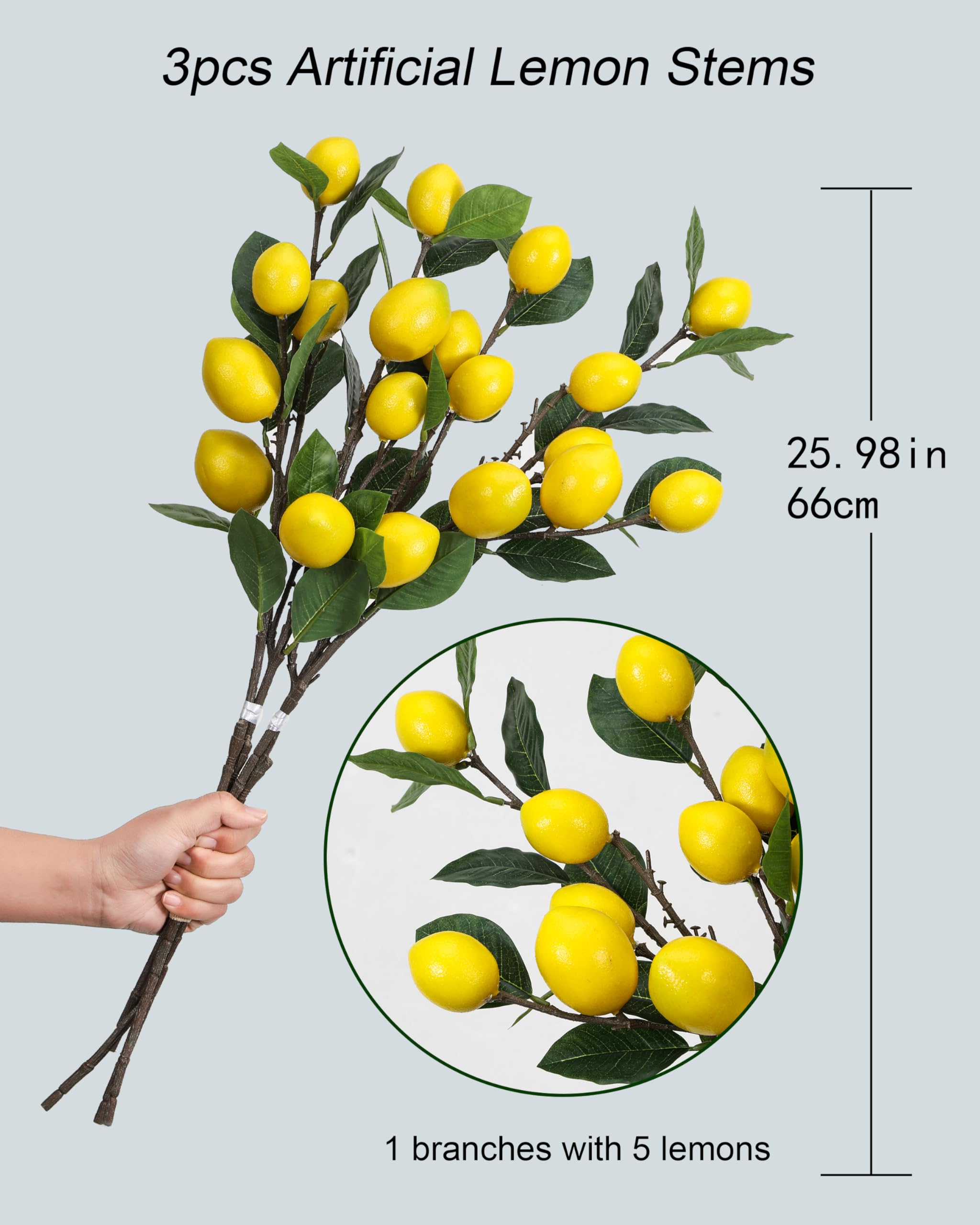 DuHouse 3 Pcs Fake Lemon Stems, 5 Head Artificial Yellow Lemons with Long Stems Lemon Branches Decoration for Kitchen Home Garden Party Decor