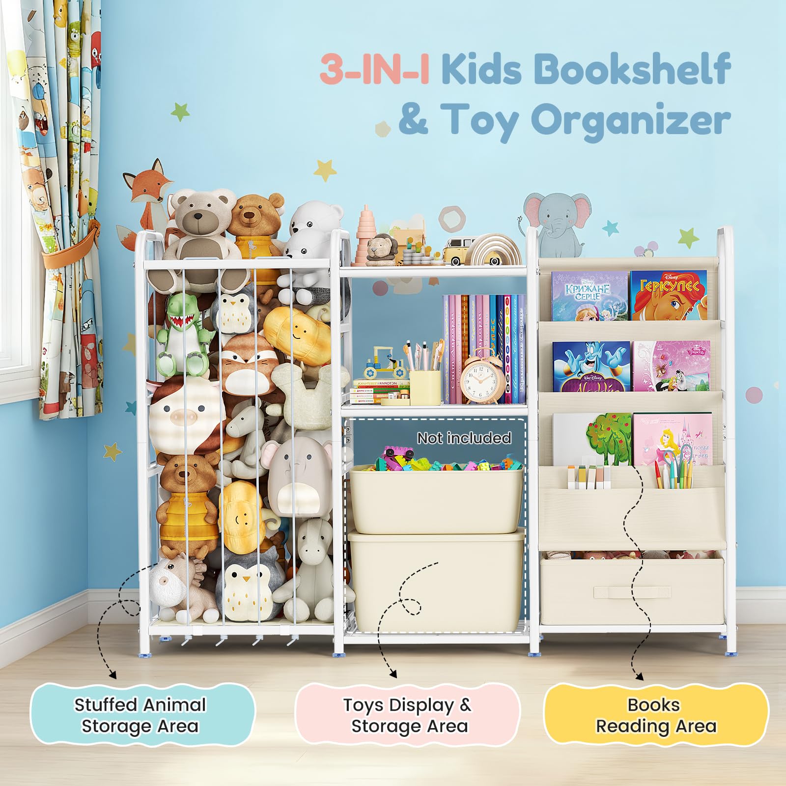 3-in-1-Kinder Bücherregal Kinderzimmer, Spielzeugregal Kinderzimmer mit Spielzeugkiste Kinderbücherregal und Spielzeugorganizer 3 Hängetaschen Schublade für Kindergarten, Spielzimmer (Weiß)