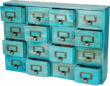 Teal 16 Slot Wooden Drawer Unit - Country Style Desk Organizer Box - 20" x 3.6" x 14" Wooden Storage Box with 16 Drawers - Countertop Organizer with Label Holder and Handles - Slim 4 Level Desk