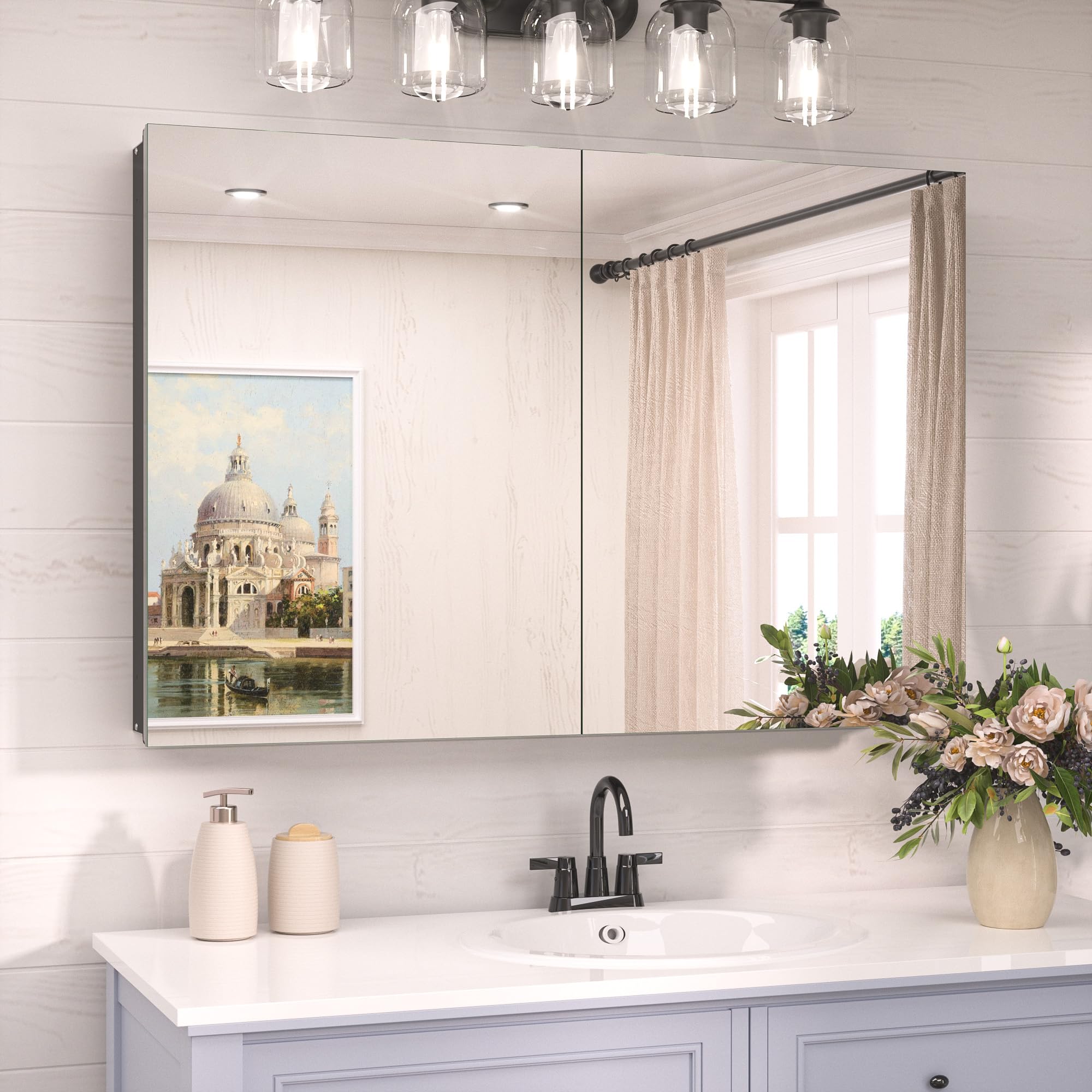 TokeShimi 36 x 24 Recessed Medicine Cabinet Mirror with Storage Black, Aluminum Tempered Wall Medicine Cabinet Mirror Bathroom with Adjustable Metal