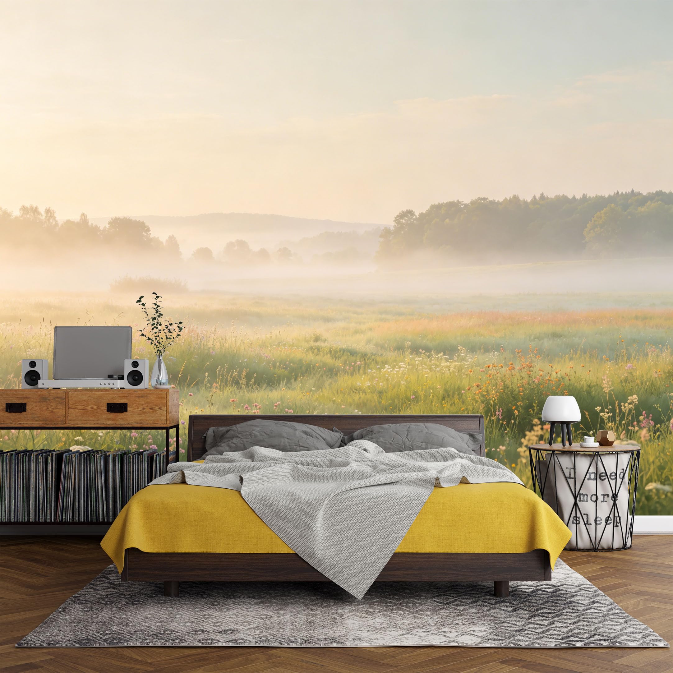 Custom Size Wall Mural， Landscape Misty Meadow Sunrise Wildflowers Nature Scenery，SelfAdhesive Art Prints wall Fabric (No PVC) Removable Wallpaper Living Room Decor