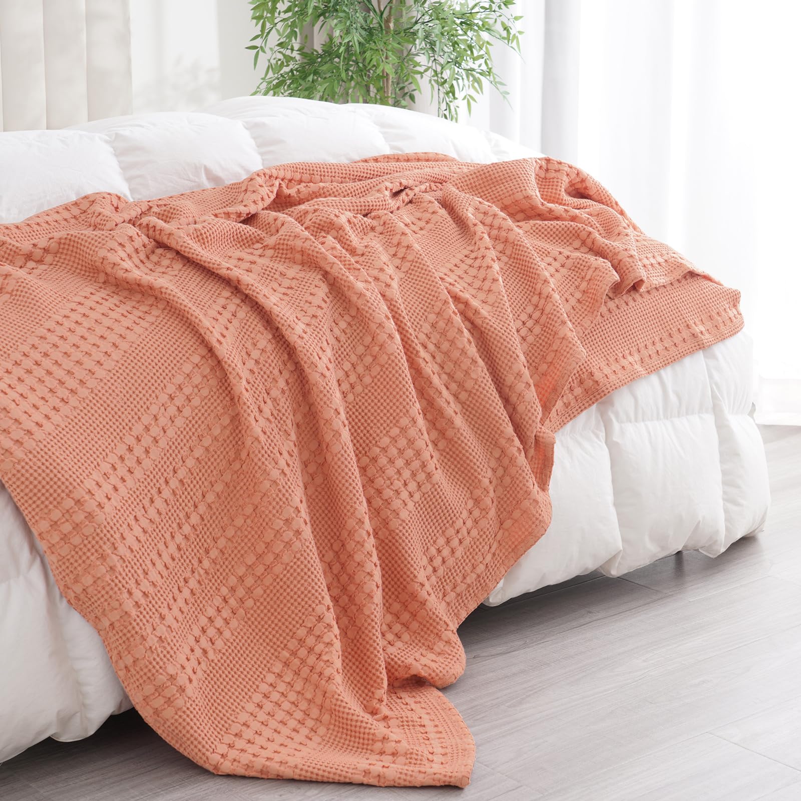 PHF 100% Cotton Waffle Weave Blanket King Size, Lightweight Washed Cotton Blanket for Spring & Summer - 108"x90" Soft Woven and Breathable Blanket for Bed Sofa Home Decor - Canyon Clay