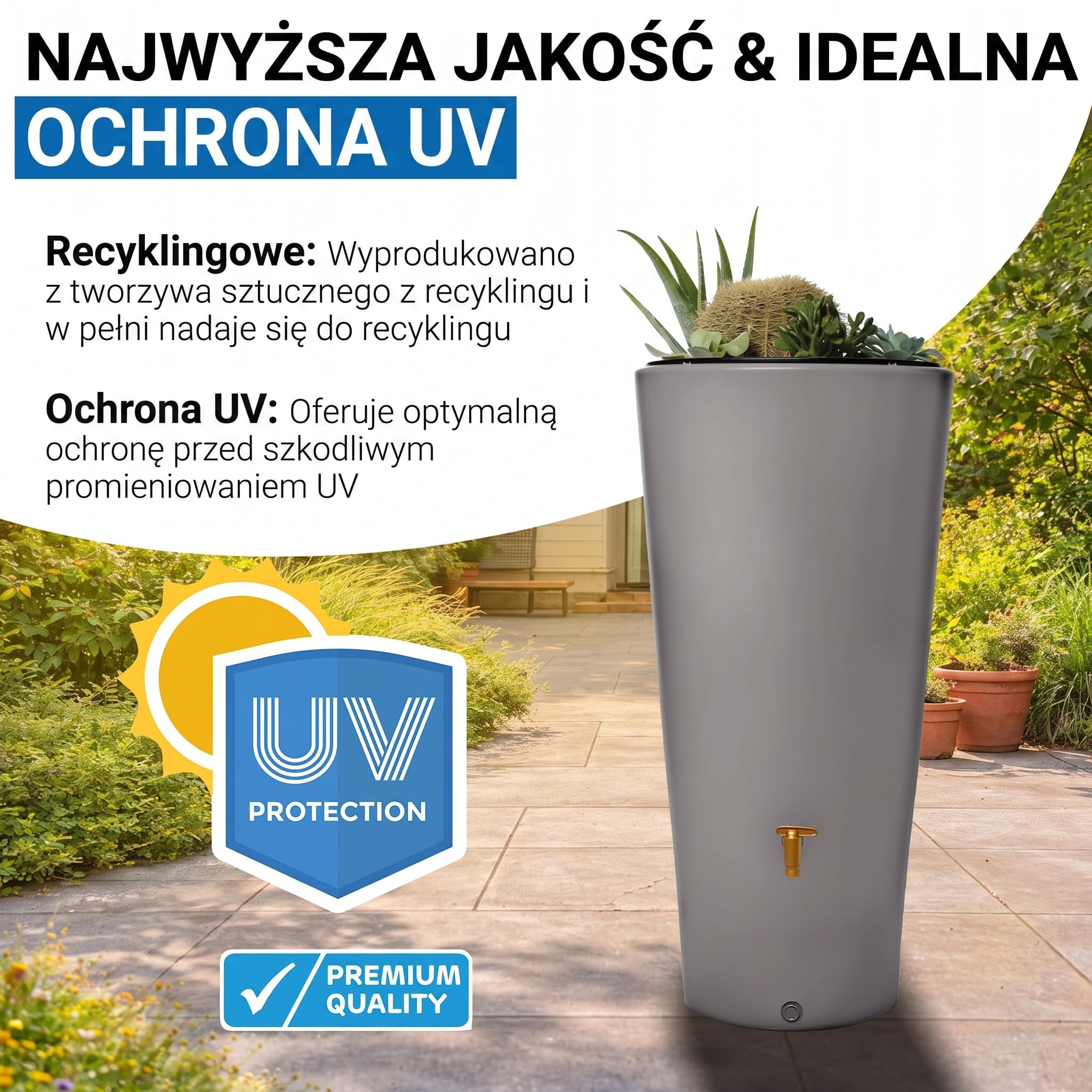 4rain VASO 2w1 zbiornik na deszczówkę 220 l, szary cynkowy, z kranem | spustowym z tworzywa sztucznego i przyłączem do rury spustowej