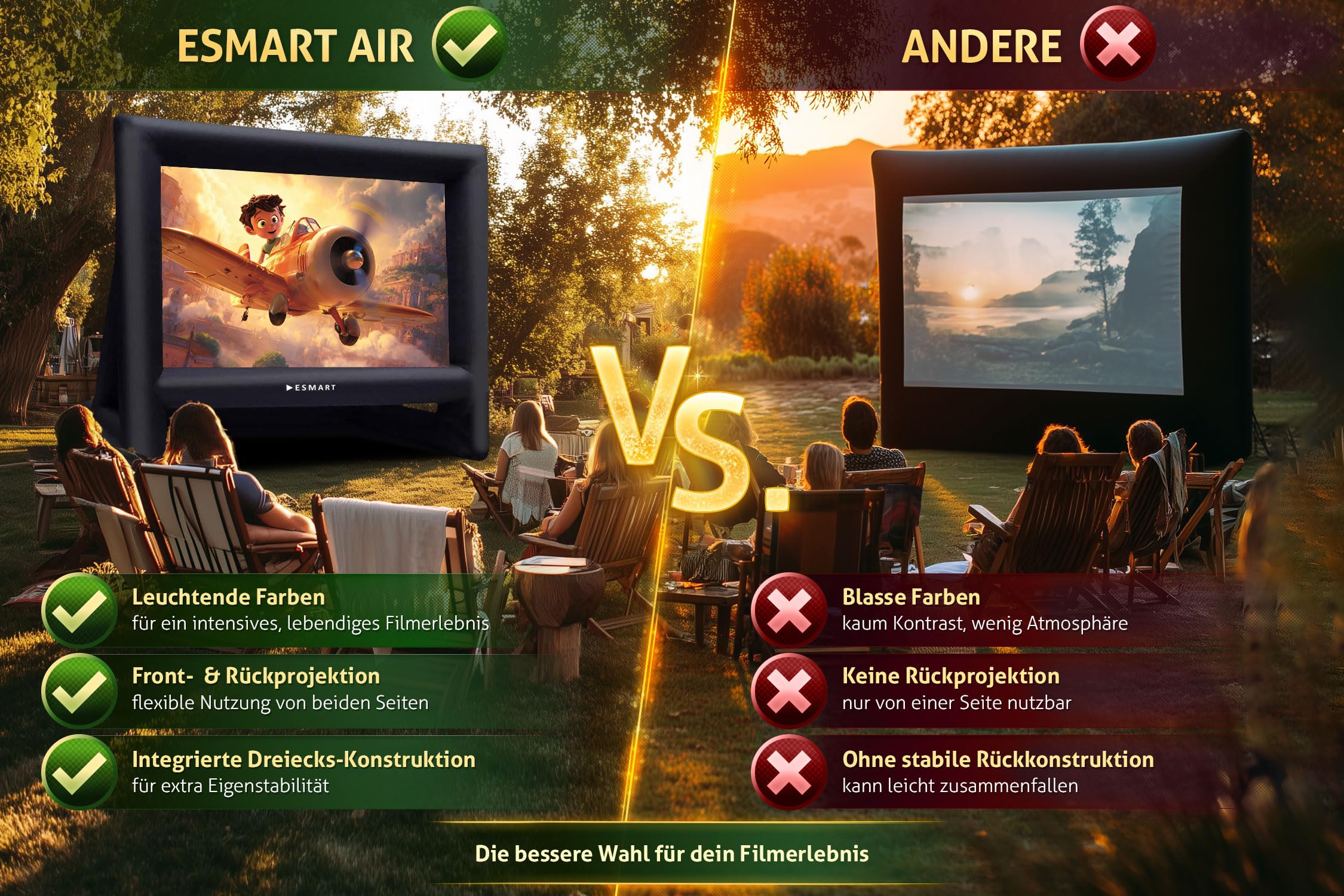 ESMART Public AIR 16 Aufblasbare Outdoor Leinwand 302 x 168 cm (135") 16:9 Beamer & Kino Leinwand mit Luftgebläse & Tragetasche | Front- & Rückprojektion | schneller Aufbau | Gartenkino & Events