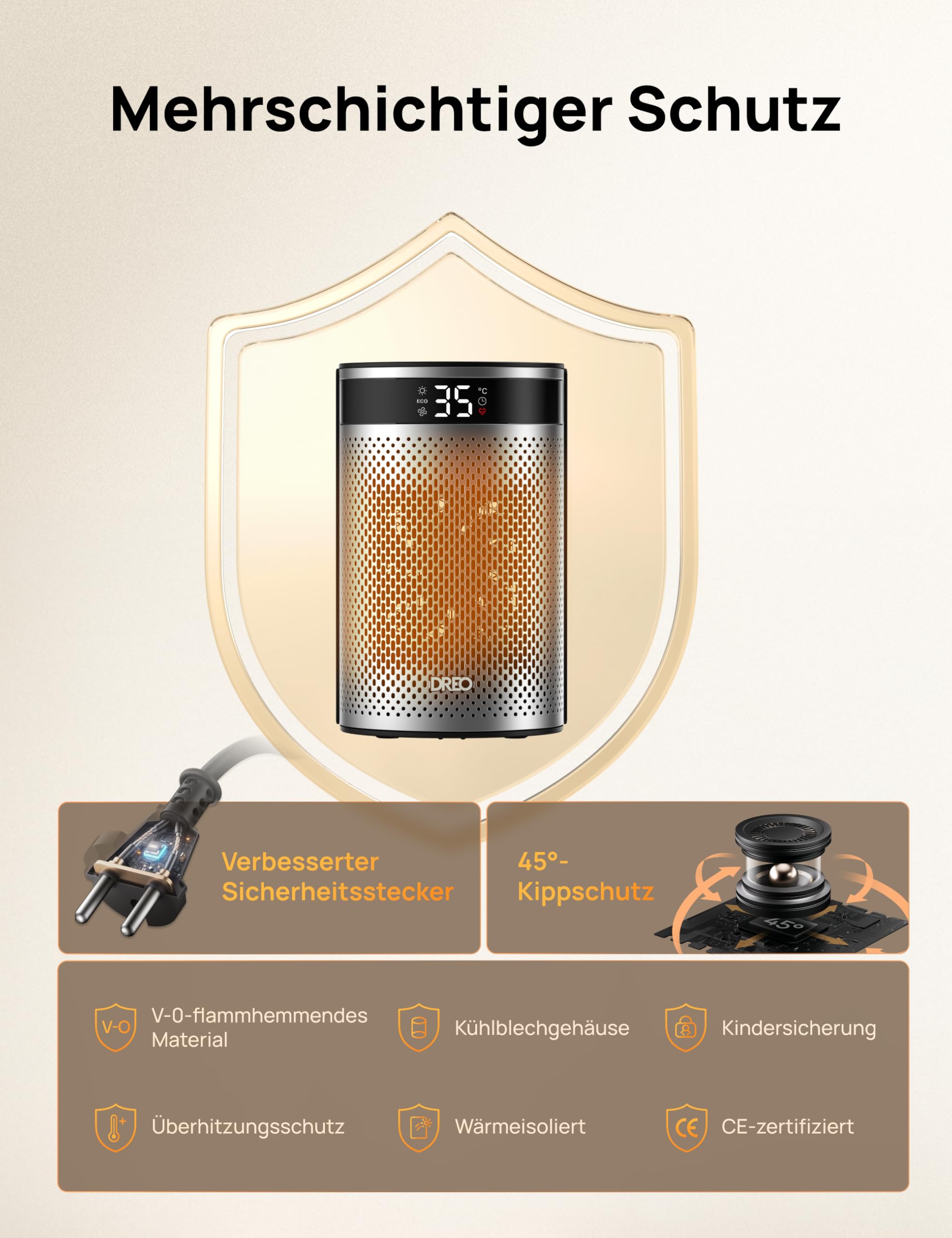 DREO Keramik Heater 416, 1500W Elektroheizer fürs Schlafzimmer, freistehend,Überhitzungs- und Kippschutz,einstellbarer Thermostat, Kindersicherung,energiesparend, leise,12-Stunden-Timer,mehrere Modi