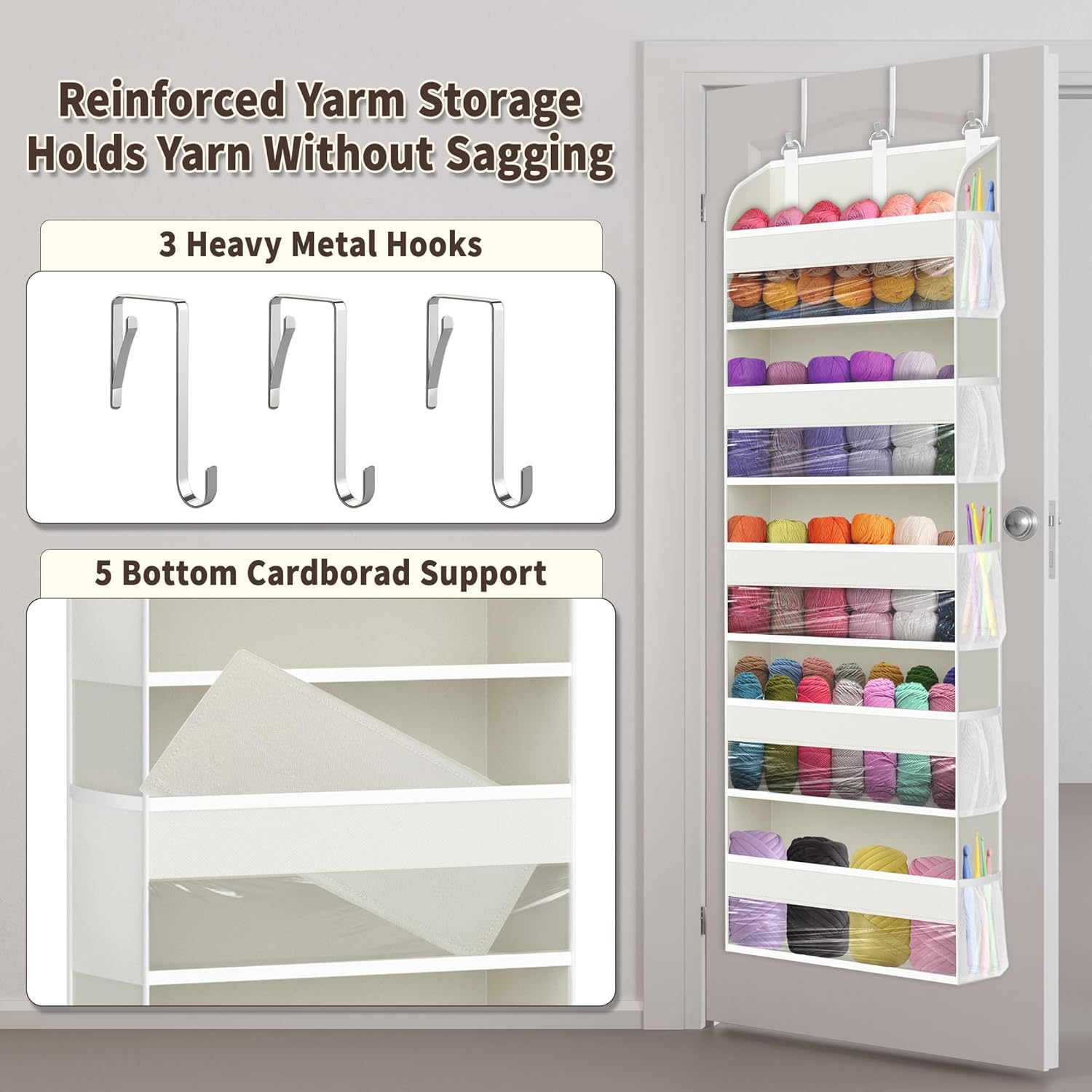 KYEVIS Hanging Yarn Storage Organizer, Large Yarn Storage with 5 Clear Pockets Organizer and 10 Mesh Side Pockets, Available to Knitting Accessories & Crochet Yarn Storage (Beige)