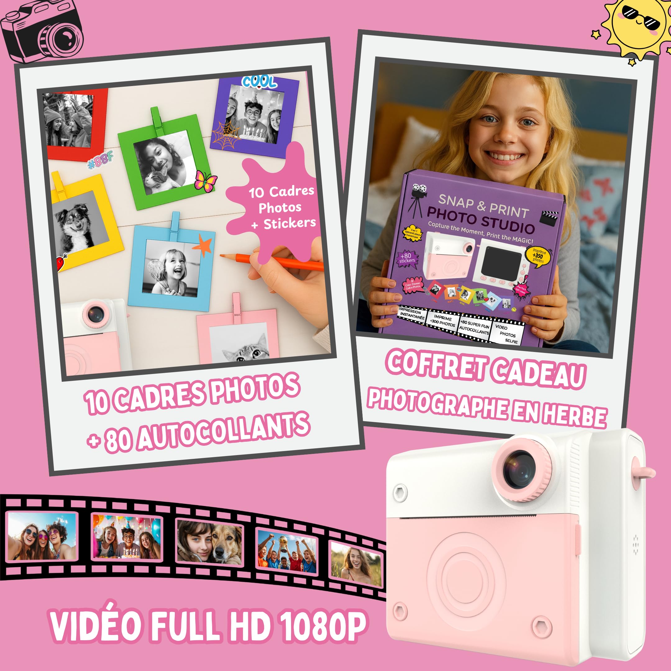 Appareil Photo Enfant, Appareil Photo Instantané, Écran Large avec Papier d'impression et Carte 32GB, Mode Video et Selfie, Jouet Cadeau pour Filles et Garçons Enfant de 3-14 Ans (Rose)