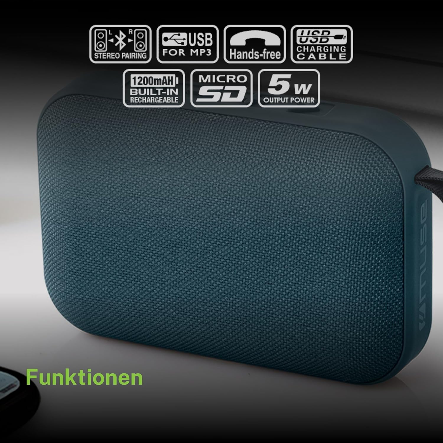 Graphic summarizing MUSE M307BT speaker functionalities.