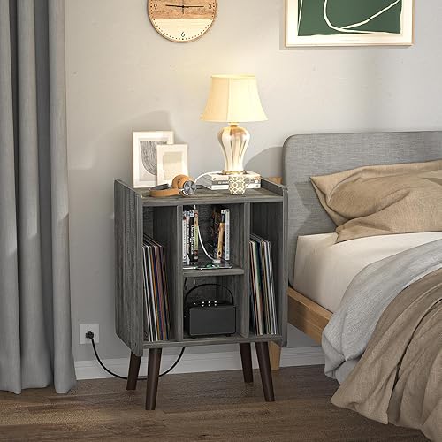 Vista 2 de Unikito Soporte para tocadiscos, soporte de vinilo con toma de corriente y puerto de carga USB, mesa de exhibición de discos resistente