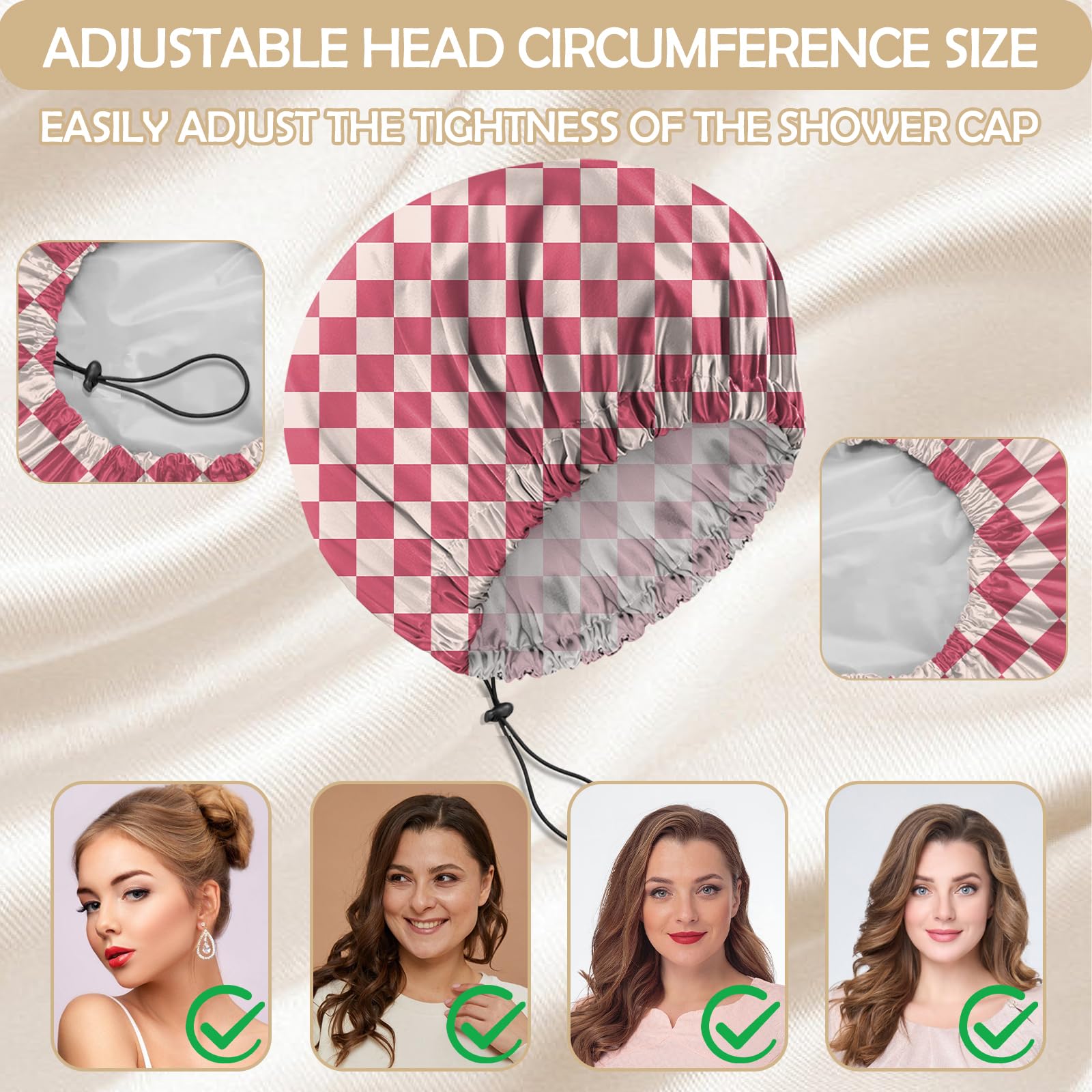 BHAHB 2 PCS Shower Cap Reusable Waterproof Double Layer Elastic Adjustable Hair Bath Caps Cute Aesthetic for Women Girls (V6-Pink) - Image 4